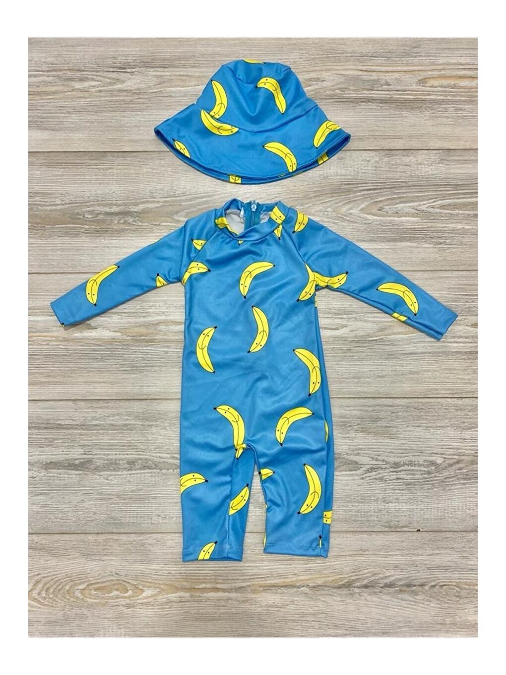 Mavi Fermuarlı Şapkalı Harika Çocuk Mayosu