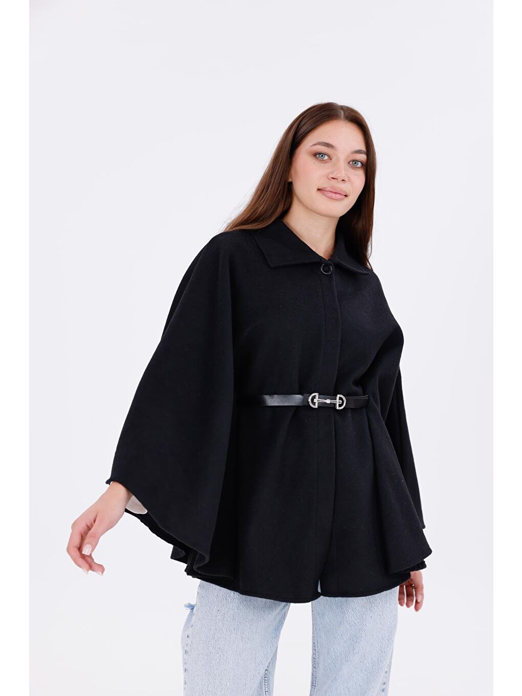 Siyah Kadın Tok Duruşlu Pelüş Panço – Tokalı Bel Detaylı Sıcak Tutan Kışlık Dış Giyim-2