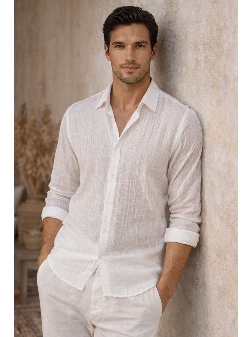 Beyaz Erkek Keten Karışımlı Gömlek Relaxed Yazlık İnce Kumaş Casual Gömlek-1