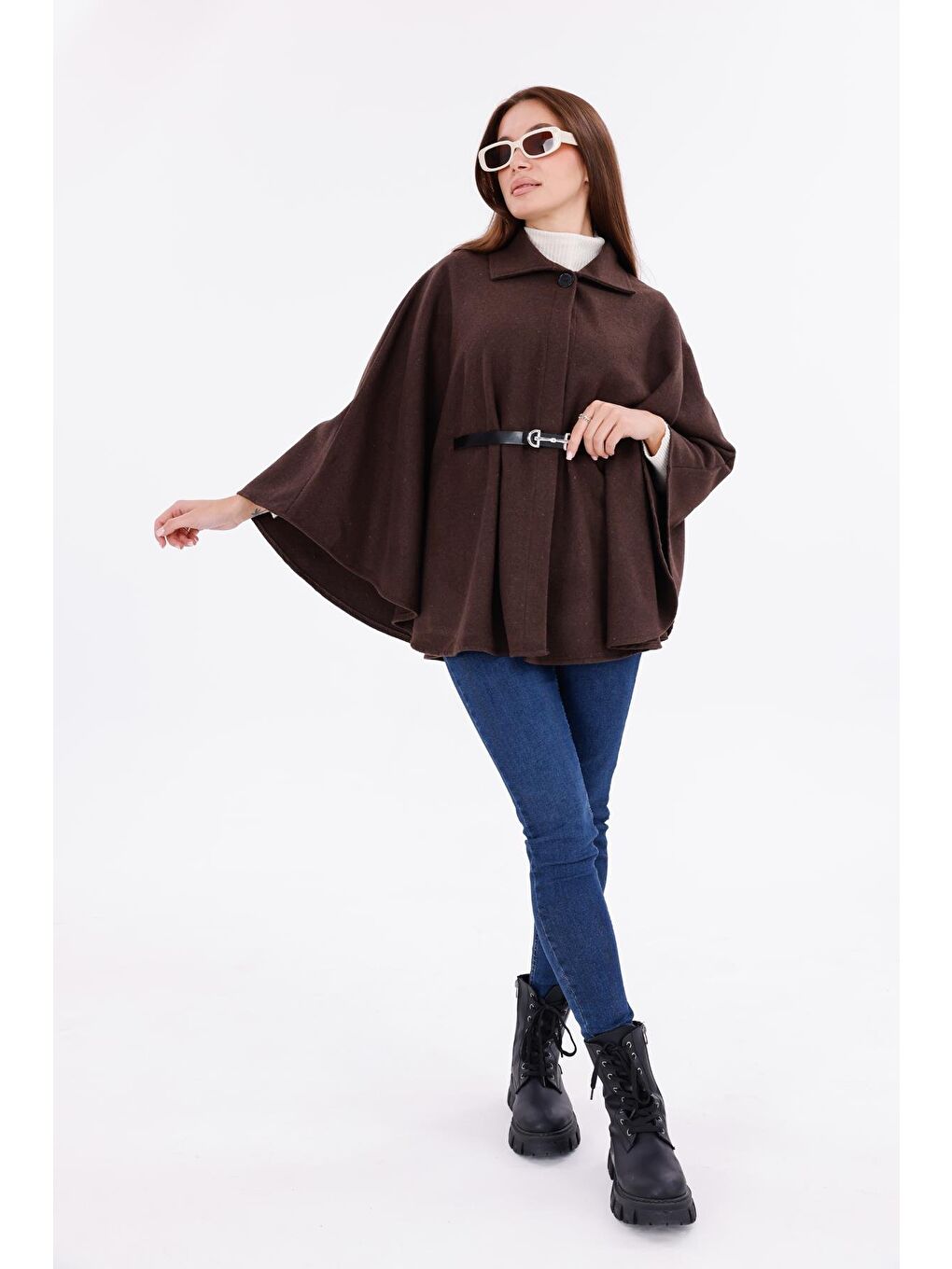 Kahverengi Kadın Tok Duruşlu Pelüş Panço – Tokalı Bel Detaylı Sıcak Tutan Kışlık Dış Giyim-5