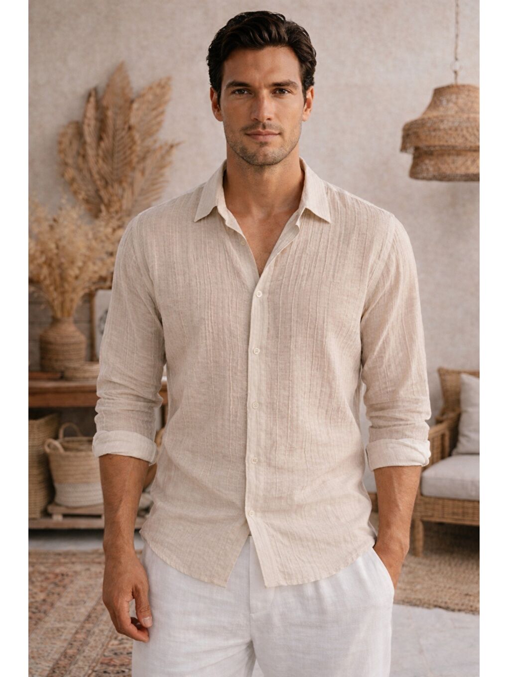 Bej Erkek Keten Karışımlı Gömlek Relaxed Yazlık İnce Kumaş Casual Gömlek