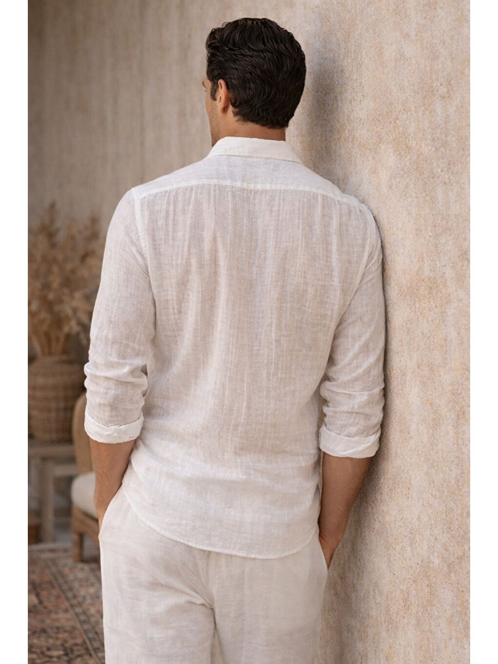 Beyaz Erkek Keten Karışımlı Gömlek Relaxed Yazlık İnce Kumaş Casual Gömlek-2