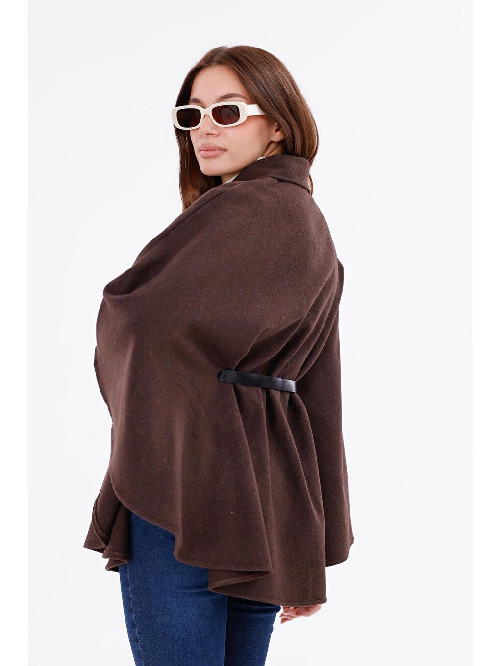 Kahverengi Kadın Tok Duruşlu Pelüş Panço – Tokalı Bel Detaylı Sıcak Tutan Kışlık Dış Giyim-6