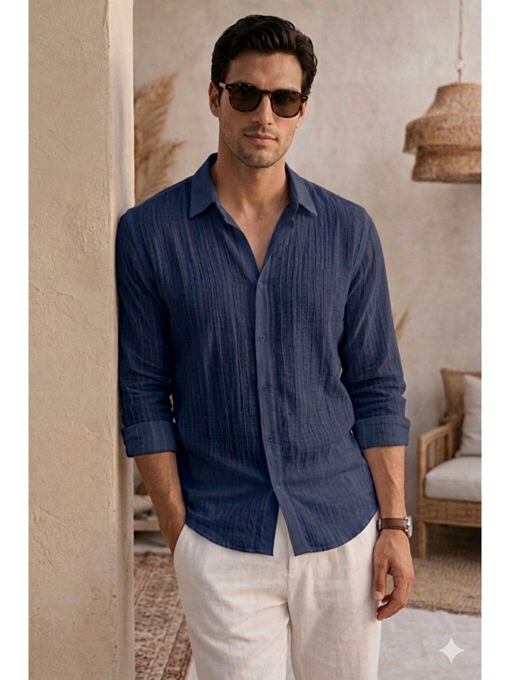 Lacivert Erkek Keten Karışımlı Gömlek Relaxed Yazlık İnce Kumaş Casual Gömlek-1