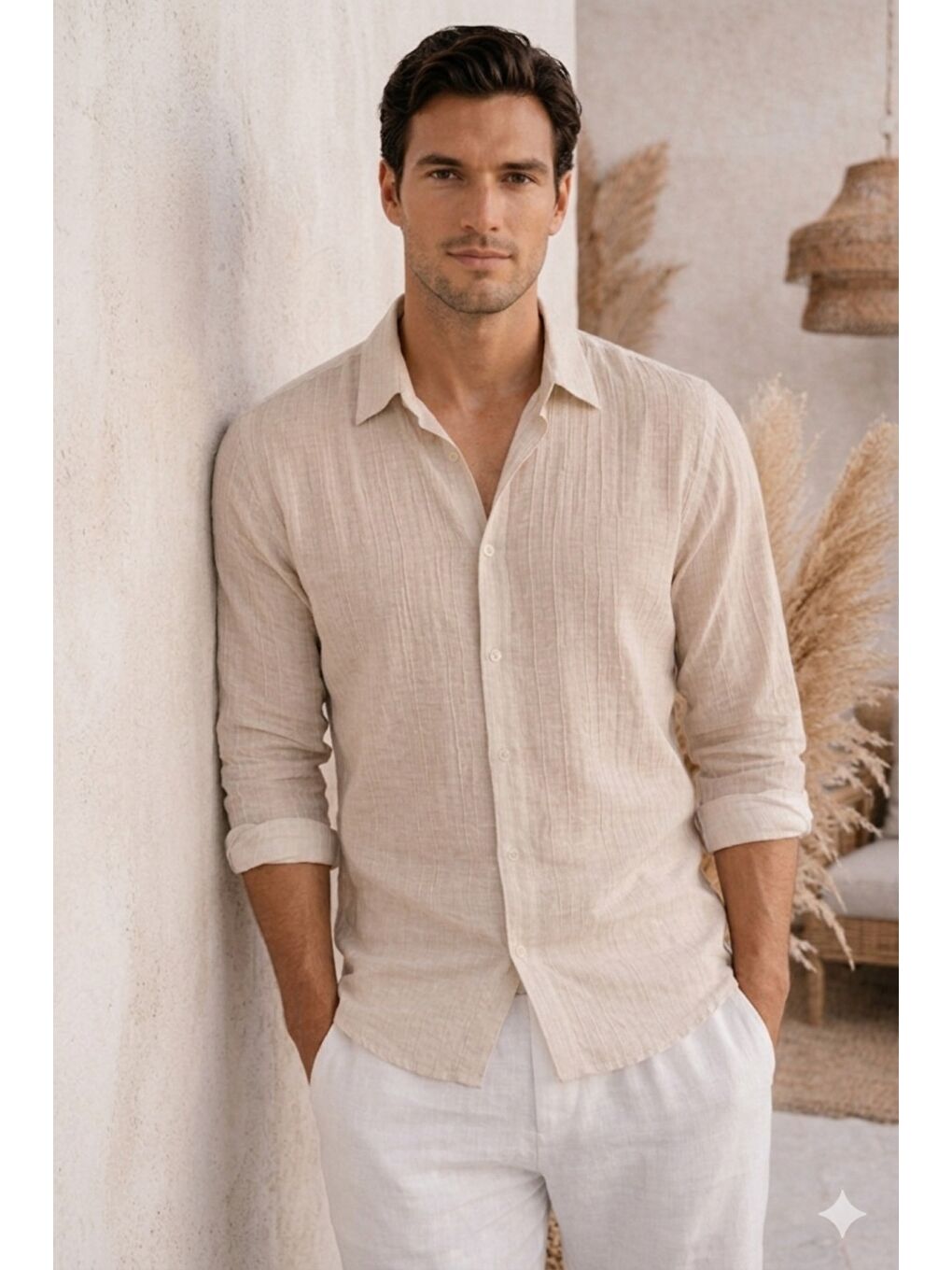 Bej Erkek Keten Karışımlı Gömlek Relaxed Yazlık İnce Kumaş Casual Gömlek-1