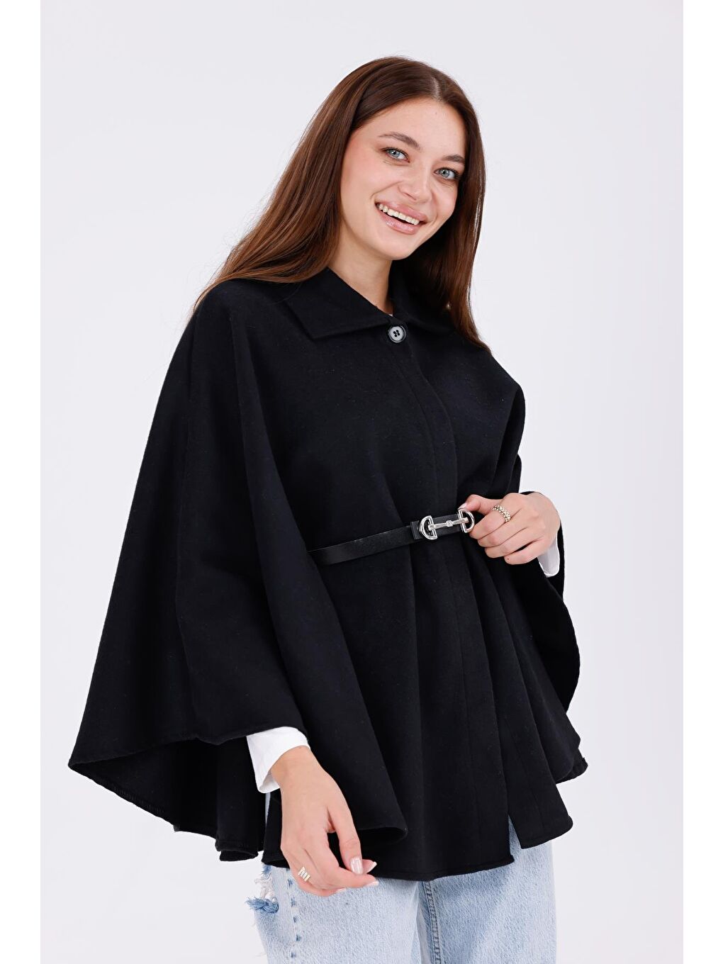 Siyah Kadın Tok Duruşlu Pelüş Panço – Tokalı Bel Detaylı Sıcak Tutan Kışlık Dış Giyim-4