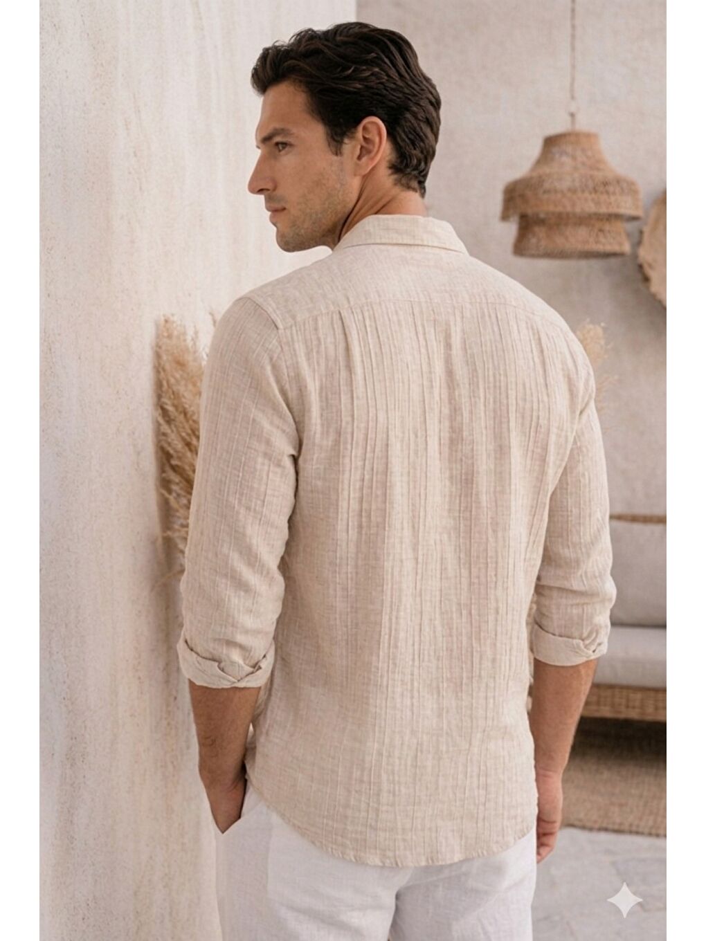 Bej Erkek Keten Karışımlı Gömlek Relaxed Yazlık İnce Kumaş Casual Gömlek-2