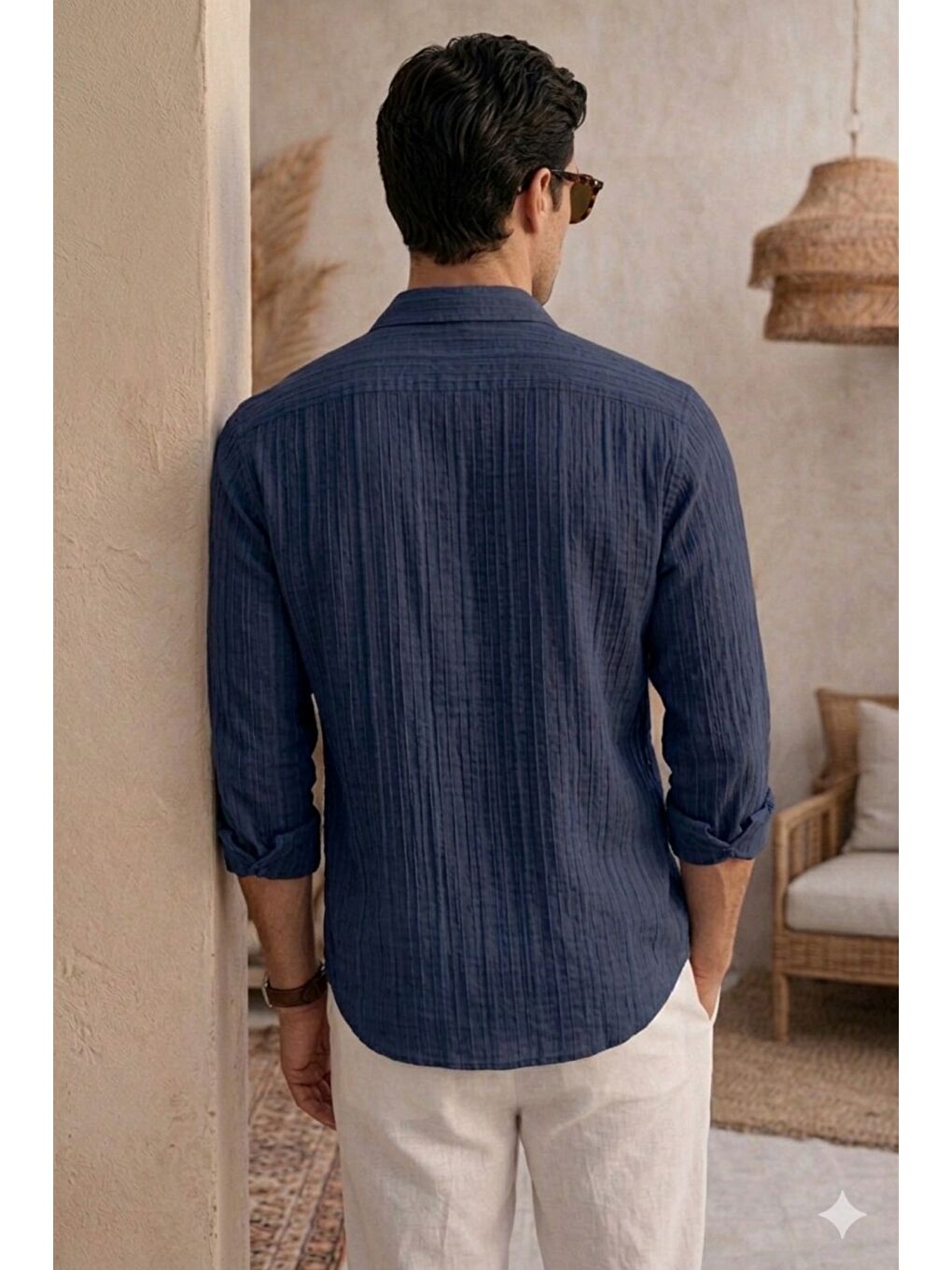 Lacivert Erkek Keten Karışımlı Gömlek Relaxed Yazlık İnce Kumaş Casual Gömlek-2