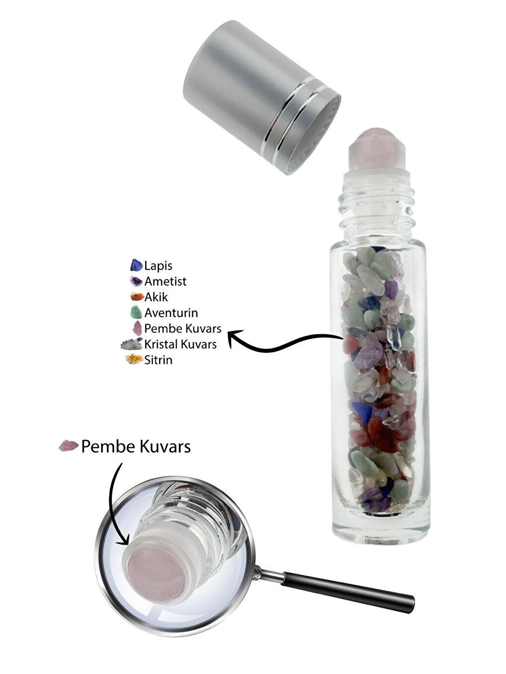 Çakra Taşlı Pembe Kuvars Doğal Taş Masaj Taşı Serum Doldurmalı Yüz Masaj Aleti-3