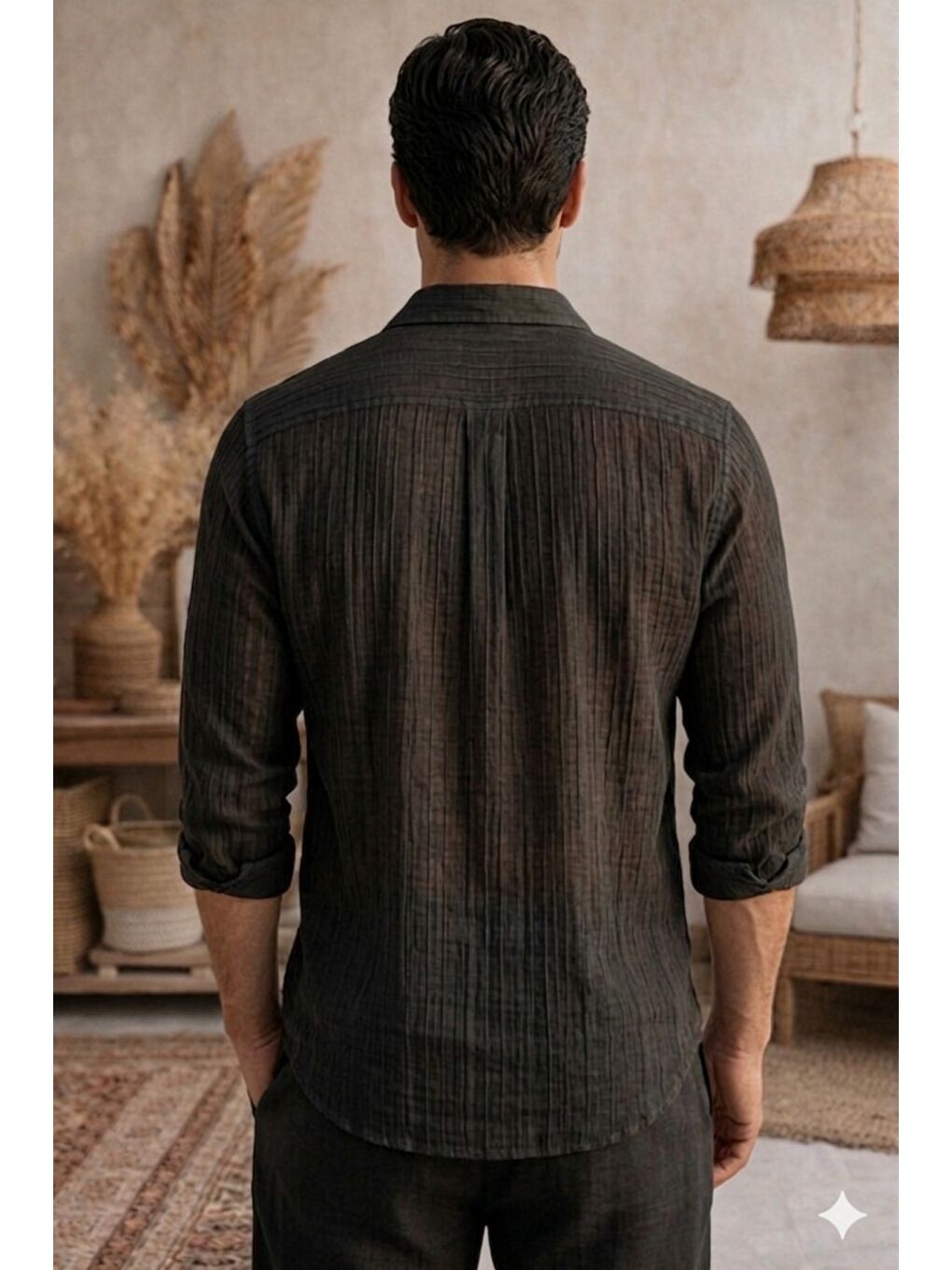 Siyah Erkek Keten Karışımlı Gömlek Relaxed Yazlık İnce Kumaş Casual Gömlek-2