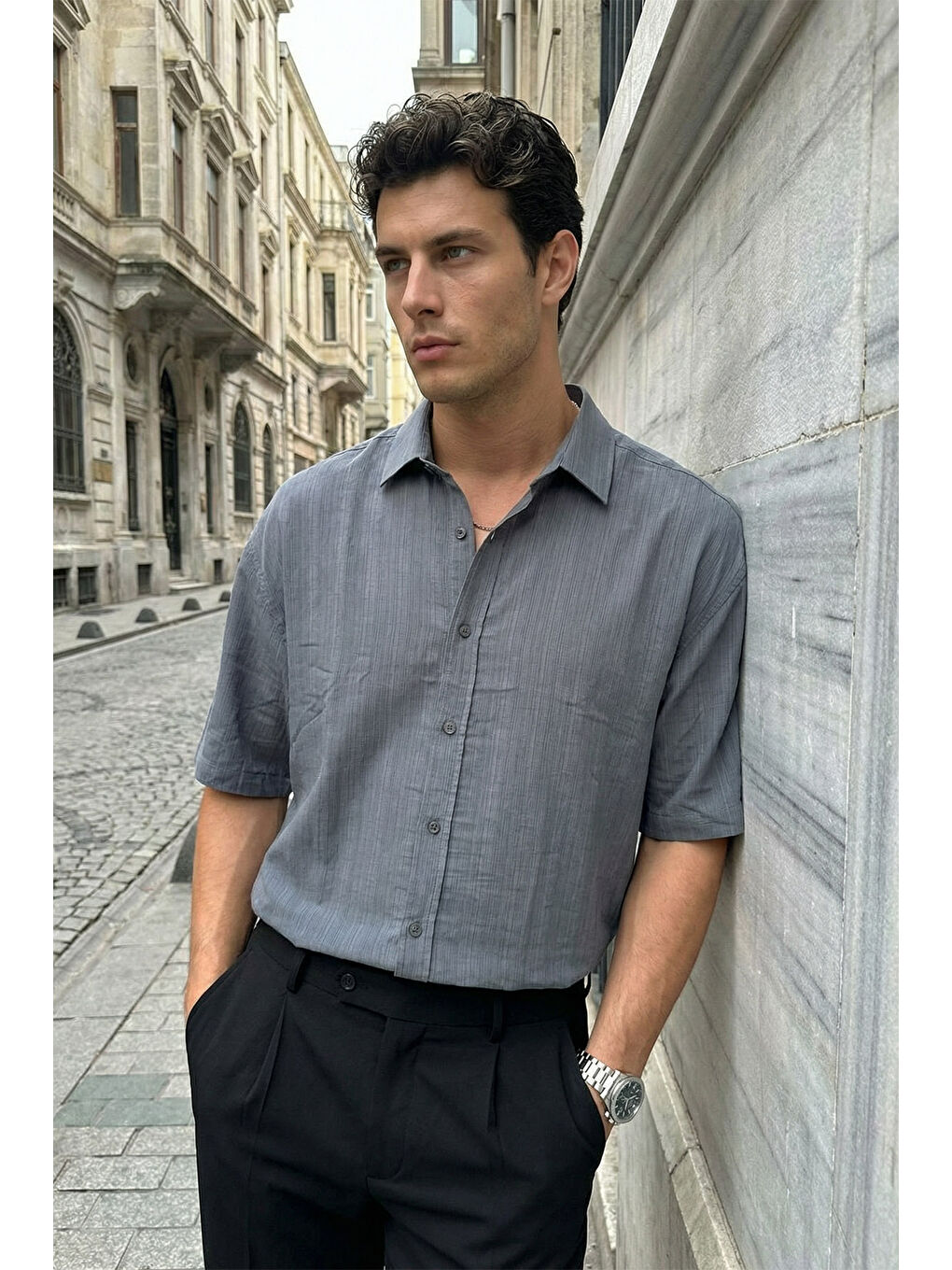 Gri Saga Yüksek Kalite Modal Erkek Kısa Kol Gömlek Premium Dokulu-1