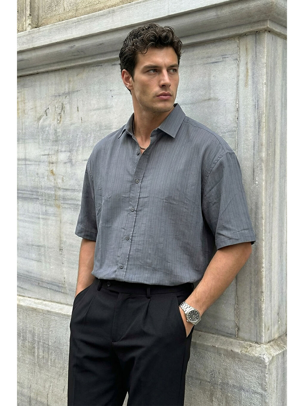Gri Saga Yüksek Kalite Modal Erkek Kısa Kol Gömlek Premium Dokulu-2