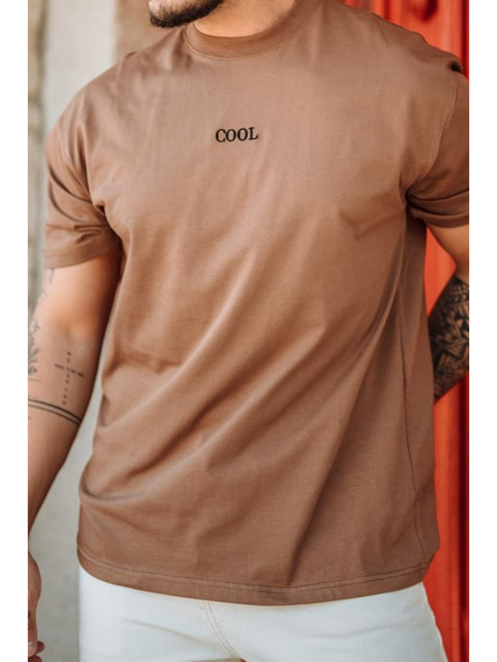 Kahverengi Erkek Cool Nakışlı Regular Bisiklet Yaka Tişört