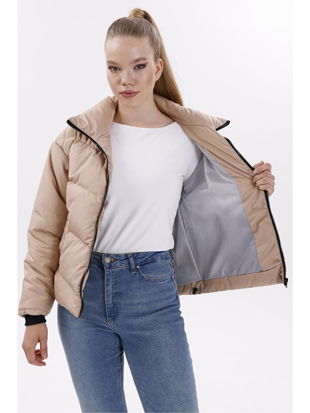 Gri Kadın Dolgulu Puffer Mont - Yüksek Yaka, Suya Dayanıklı-3