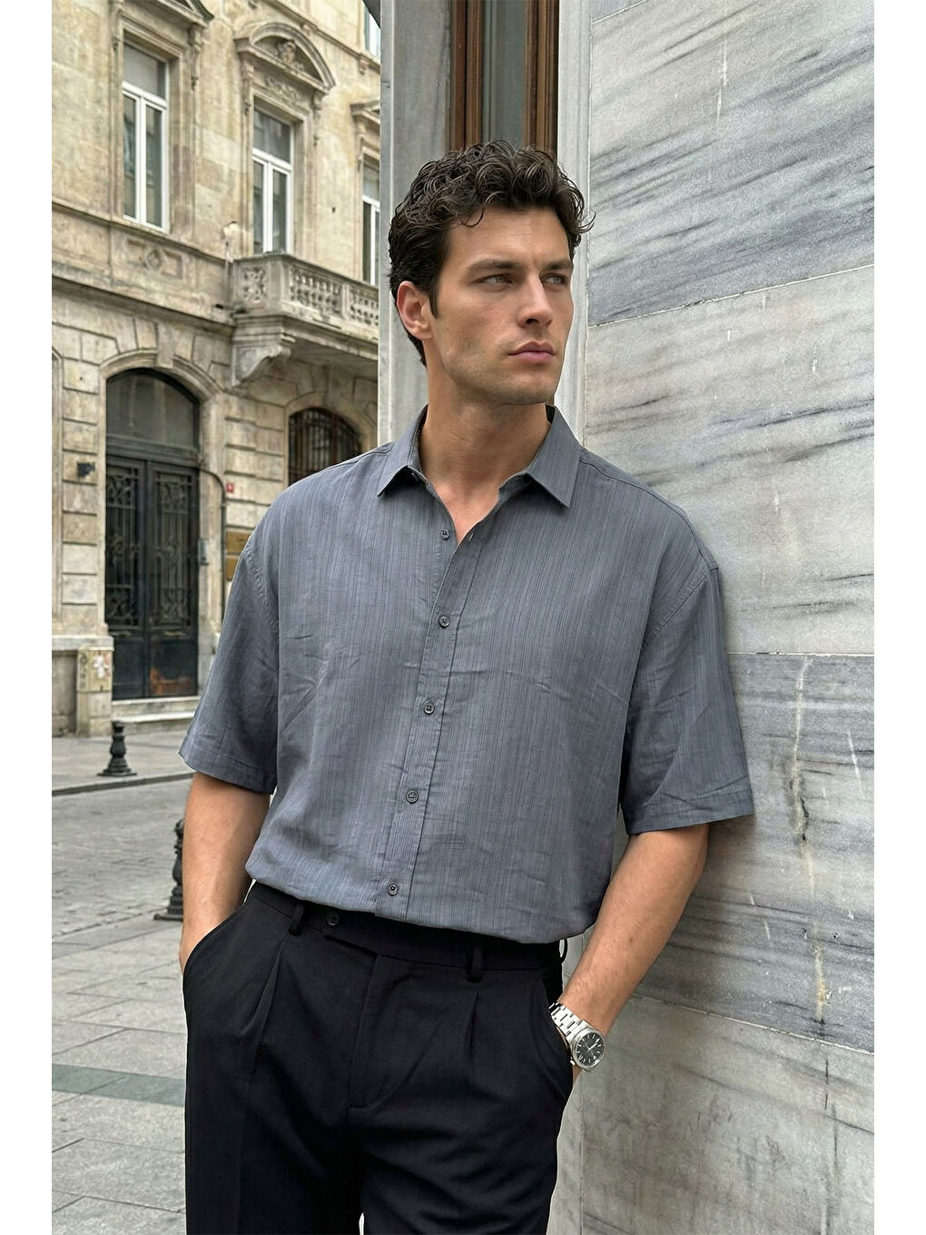 Gri Saga Yüksek Kalite Modal Erkek Kısa Kol Gömlek Premium Dokulu-3