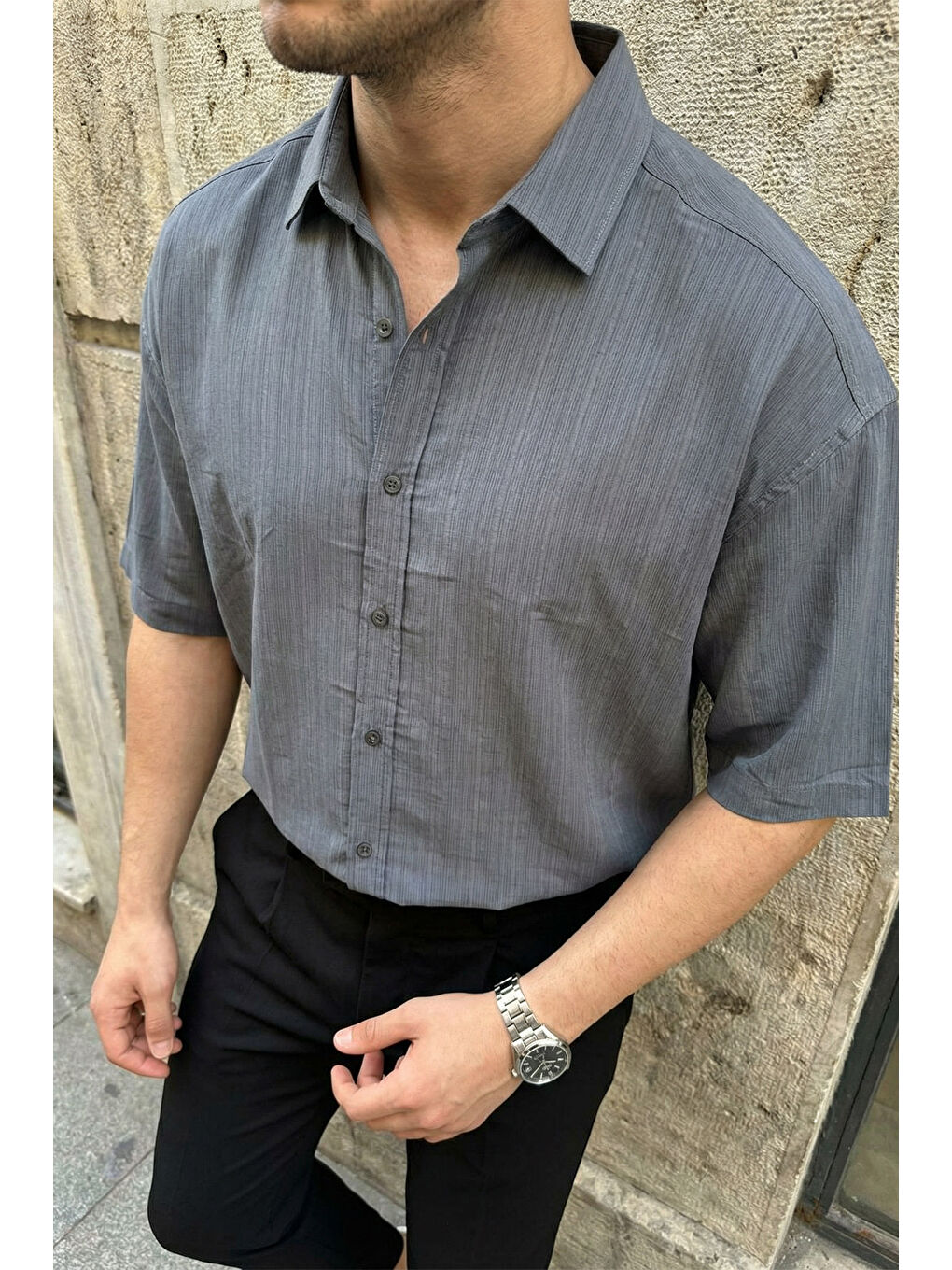 Gri Saga Yüksek Kalite Modal Erkek Kısa Kol Gömlek Premium Dokulu-4