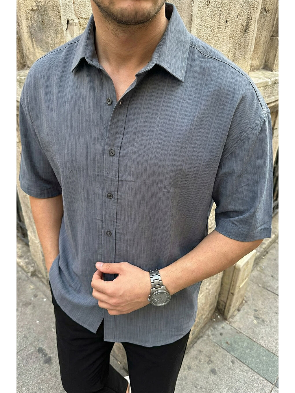 Gri Saga Yüksek Kalite Modal Erkek Kısa Kol Gömlek Premium Dokulu-5