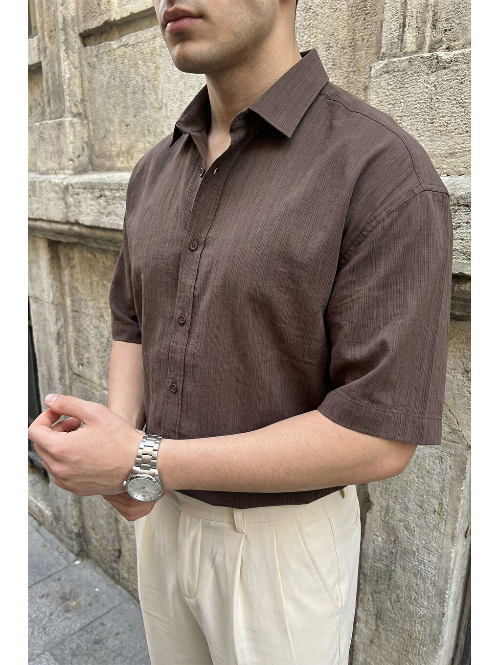 Kahverengi Saga Yüksek Kalite Modal Erkek Kısa Kol Gömlek Premium Dokulu