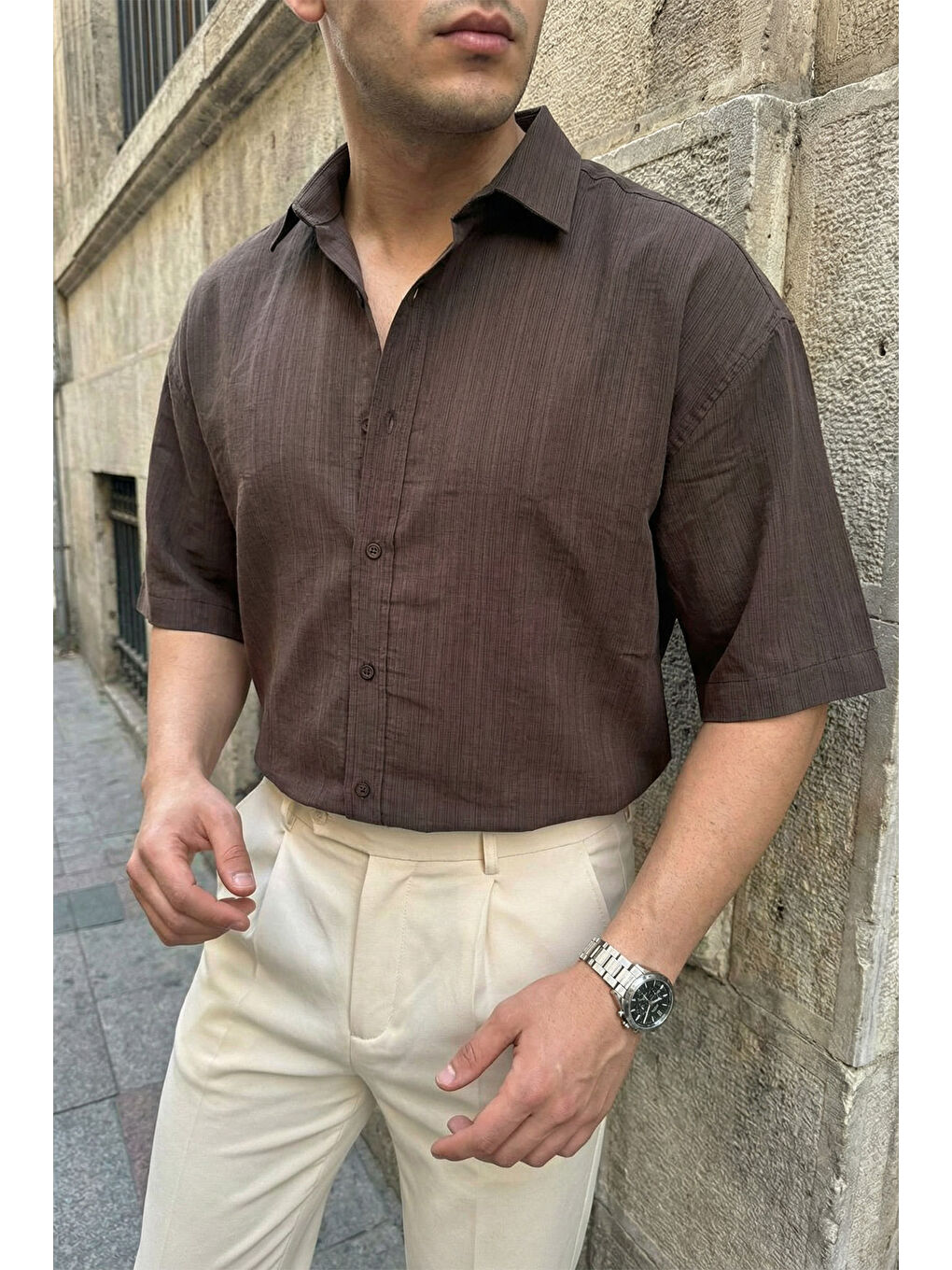 Kahverengi Saga Yüksek Kalite Modal Erkek Kısa Kol Gömlek Premium Dokulu-1
