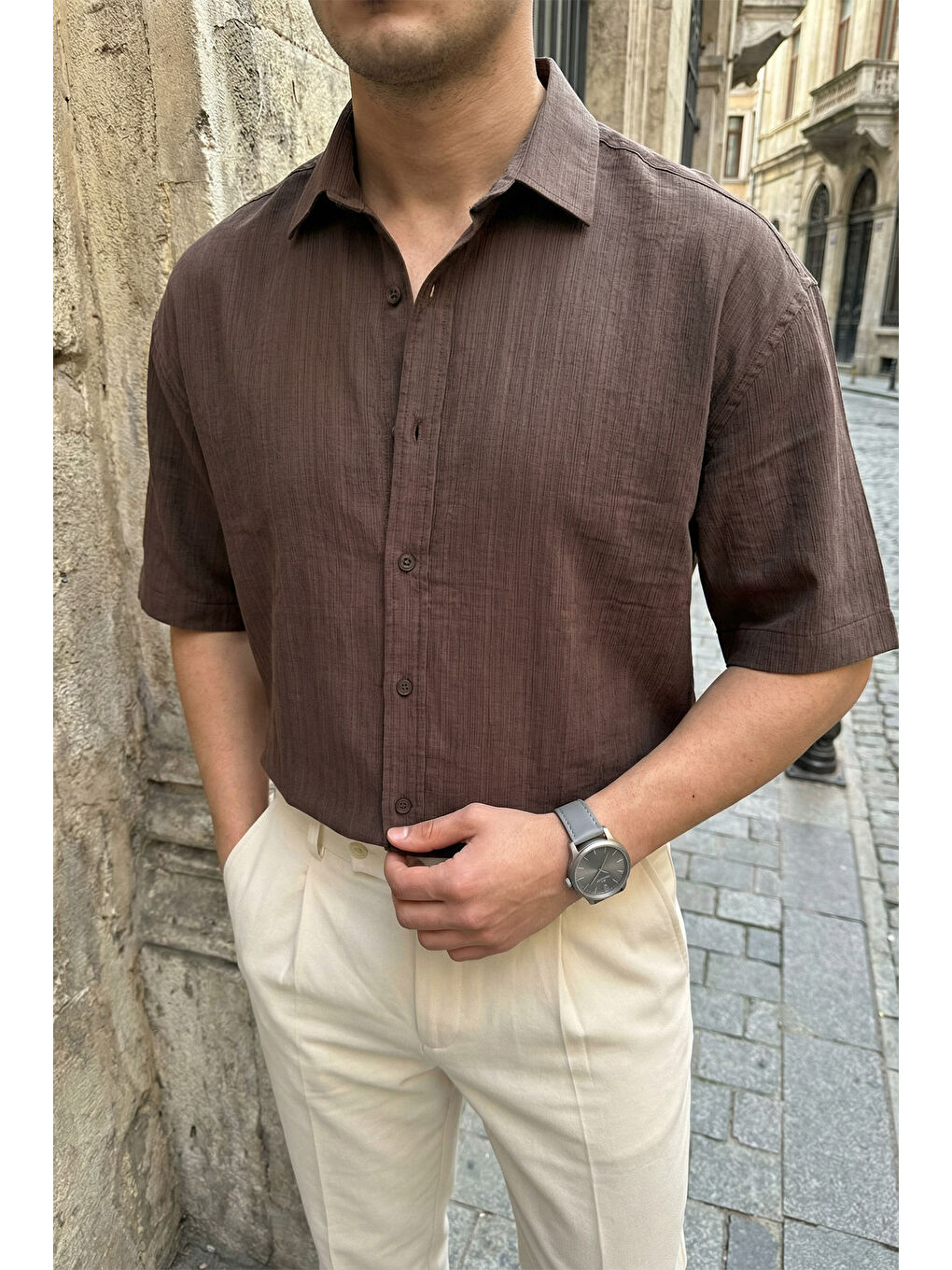 Kahverengi Saga Yüksek Kalite Modal Erkek Kısa Kol Gömlek Premium Dokulu-2