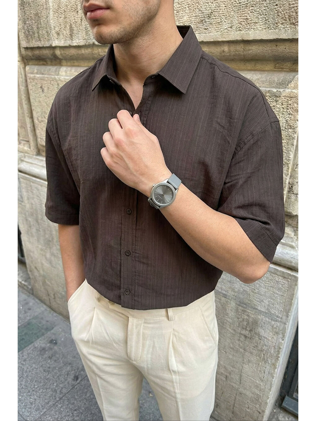 Kahverengi Saga Yüksek Kalite Modal Erkek Kısa Kol Gömlek Premium Dokulu-3