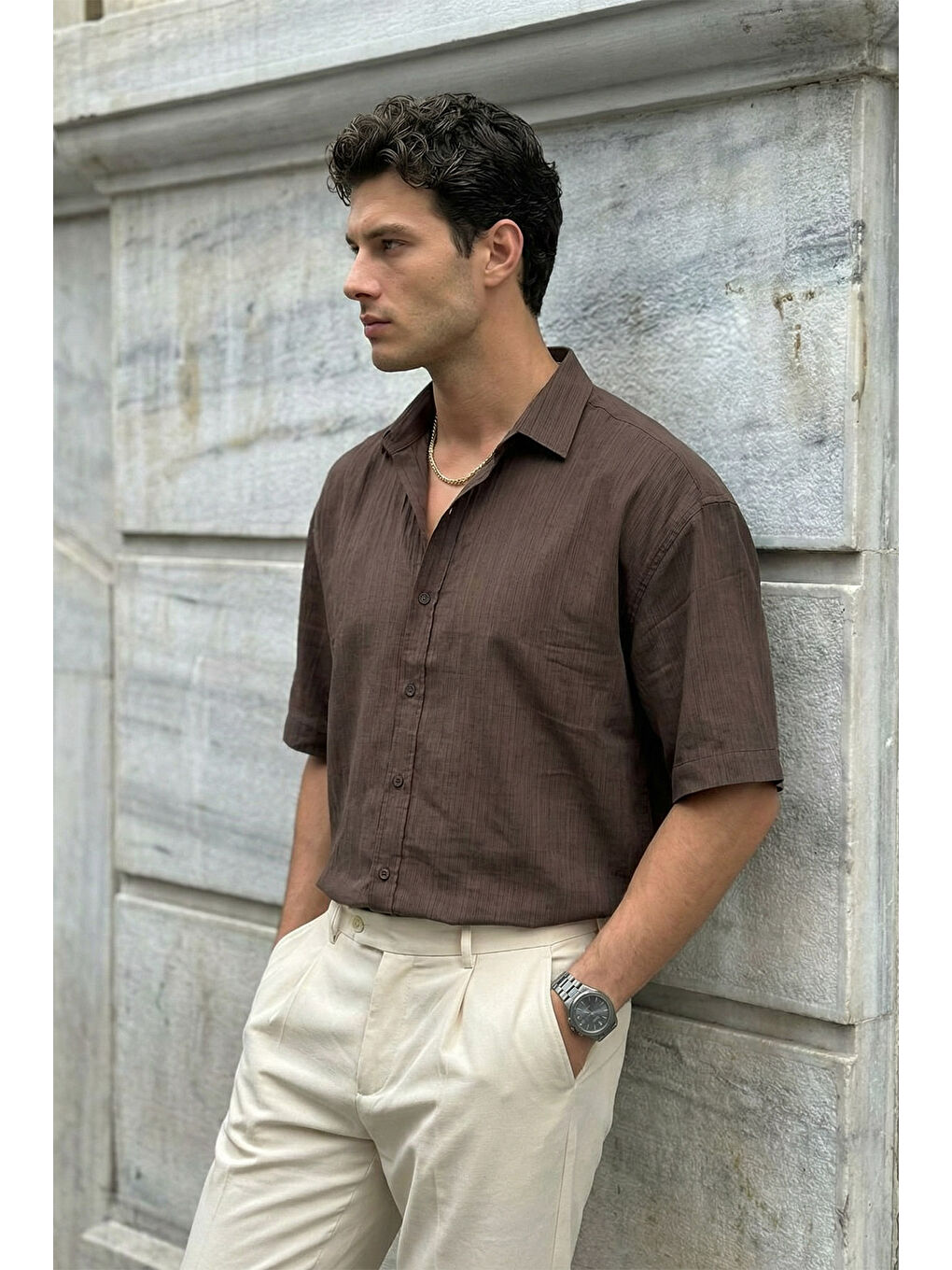 Kahverengi Saga Yüksek Kalite Modal Erkek Kısa Kol Gömlek Premium Dokulu-4