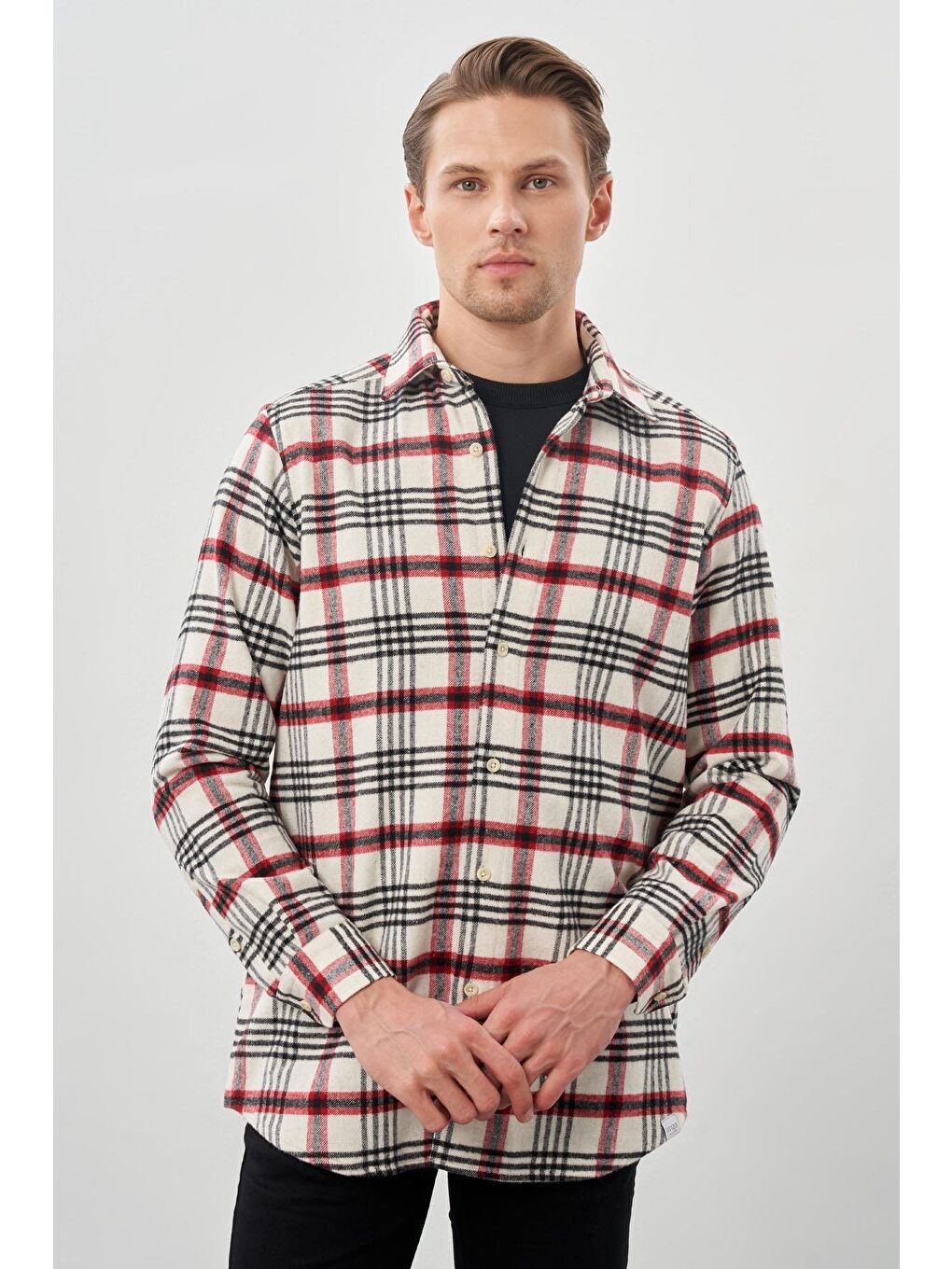 Kahverengi Açık Krem Yünlü Ekose Desen Yumuşak Yaka Cepsiz Uzun Kol Casual Comfort Fit Gömlek 1004245227