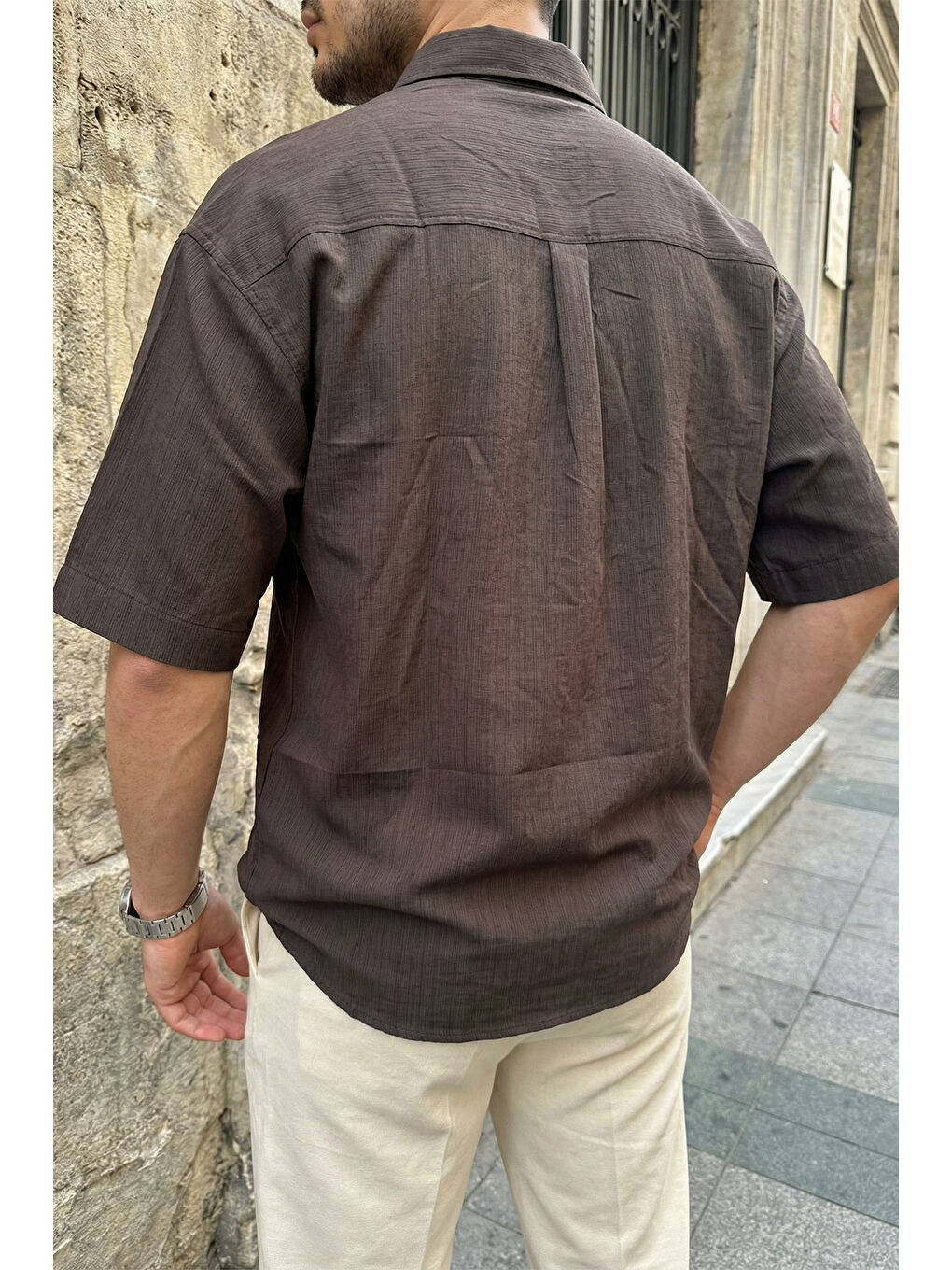 Kahverengi Saga Yüksek Kalite Modal Erkek Kısa Kol Gömlek Premium Dokulu-5
