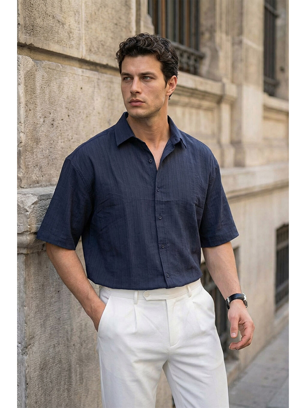 Lacivert Saga Yüksek Kalite Modal Erkek Kısa Kol Gömlek Premium Dokulu-1
