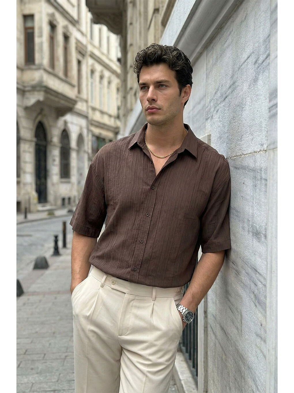 Kahverengi Saga Yüksek Kalite Modal Erkek Kısa Kol Gömlek Premium Dokulu-6