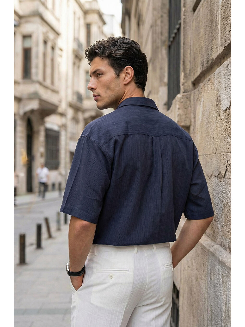 Lacivert Saga Yüksek Kalite Modal Erkek Kısa Kol Gömlek Premium Dokulu-2