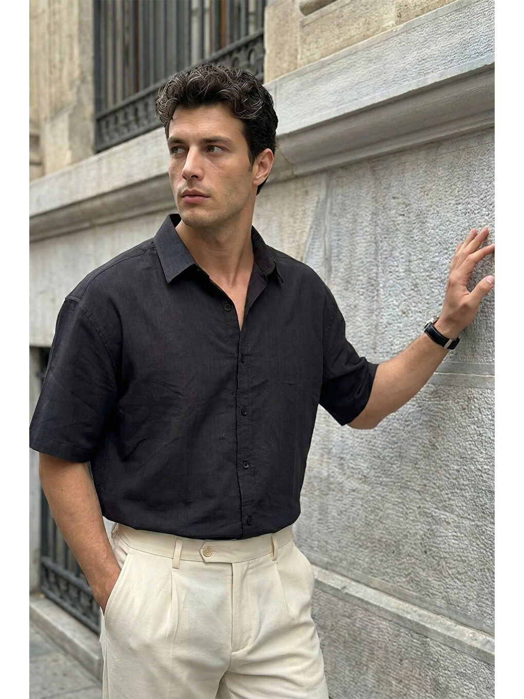 Siyah Saga Yüksek Kalite Modal Erkek Kısa Kol Gömlek Premium Dokulu-1
