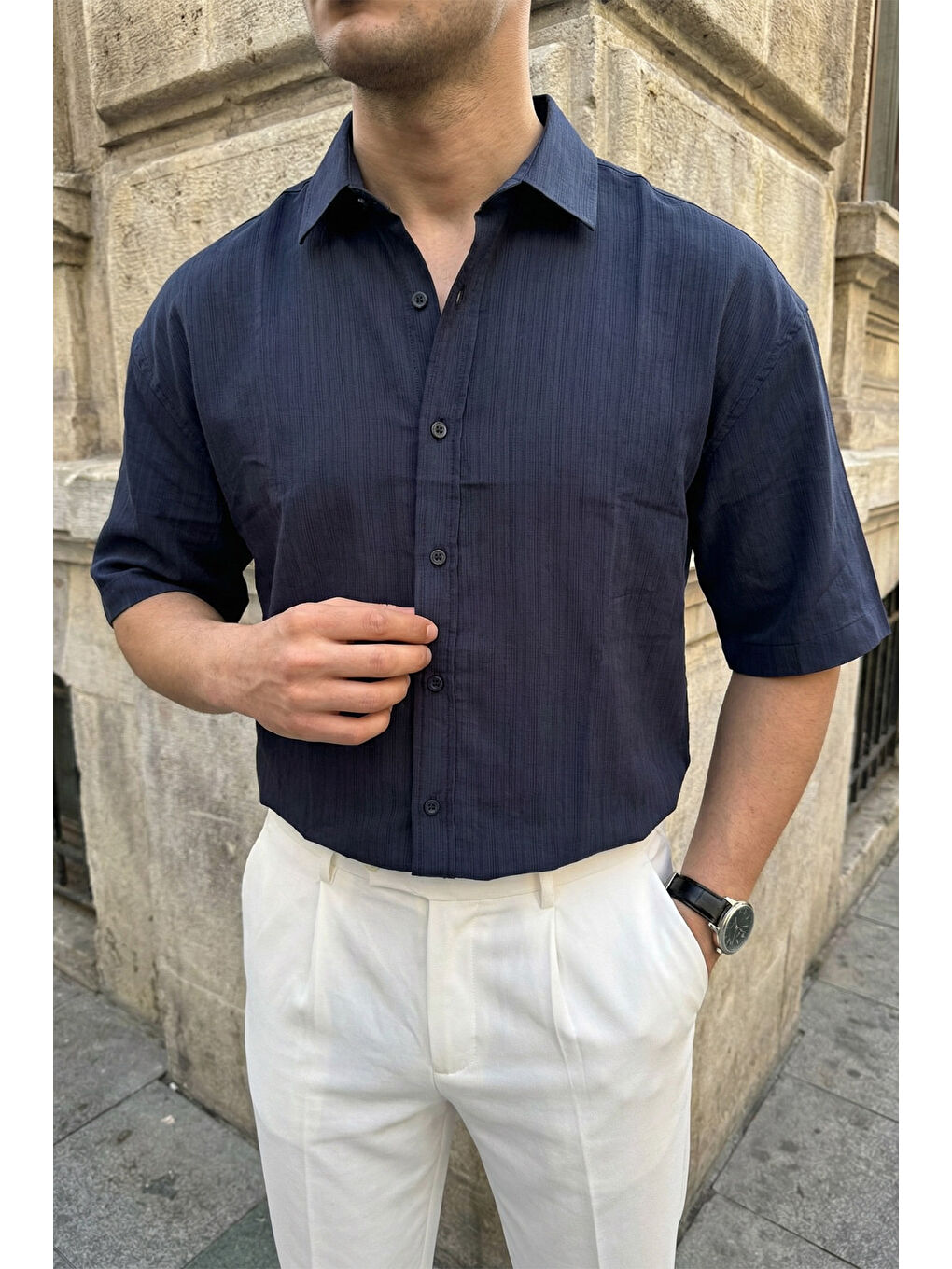 Lacivert Saga Yüksek Kalite Modal Erkek Kısa Kol Gömlek Premium Dokulu-3