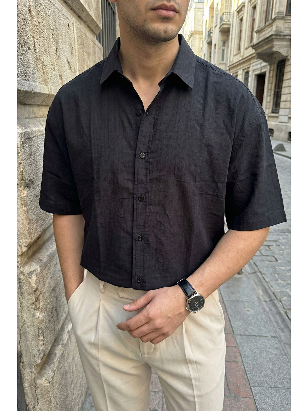 Siyah Saga Yüksek Kalite Modal Erkek Kısa Kol Gömlek Premium Dokulu-3