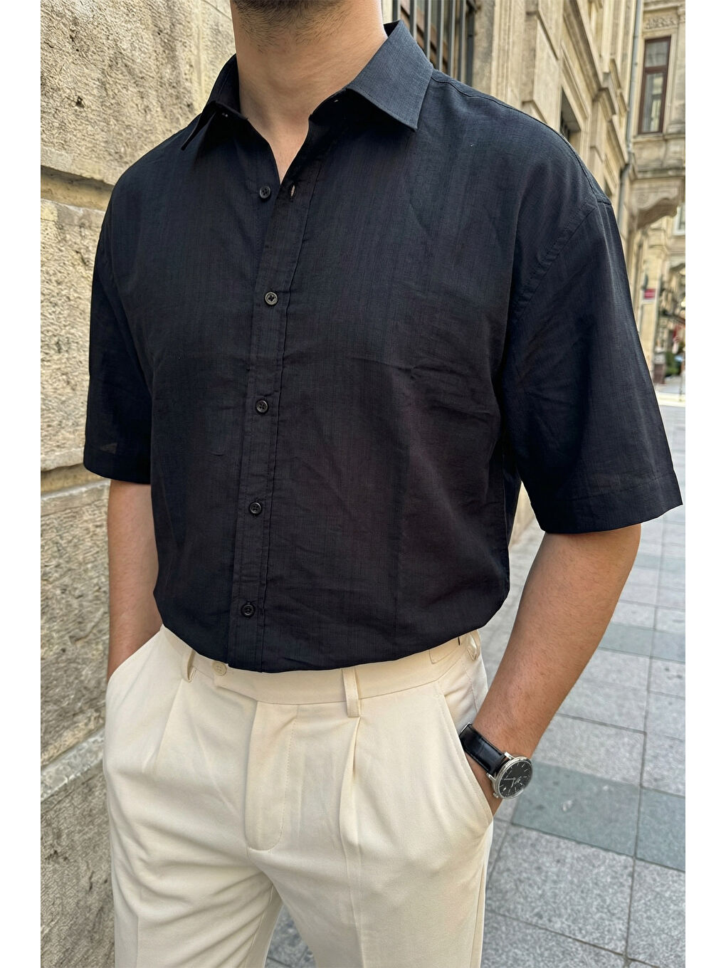 Siyah Saga Yüksek Kalite Modal Erkek Kısa Kol Gömlek Premium Dokulu-4