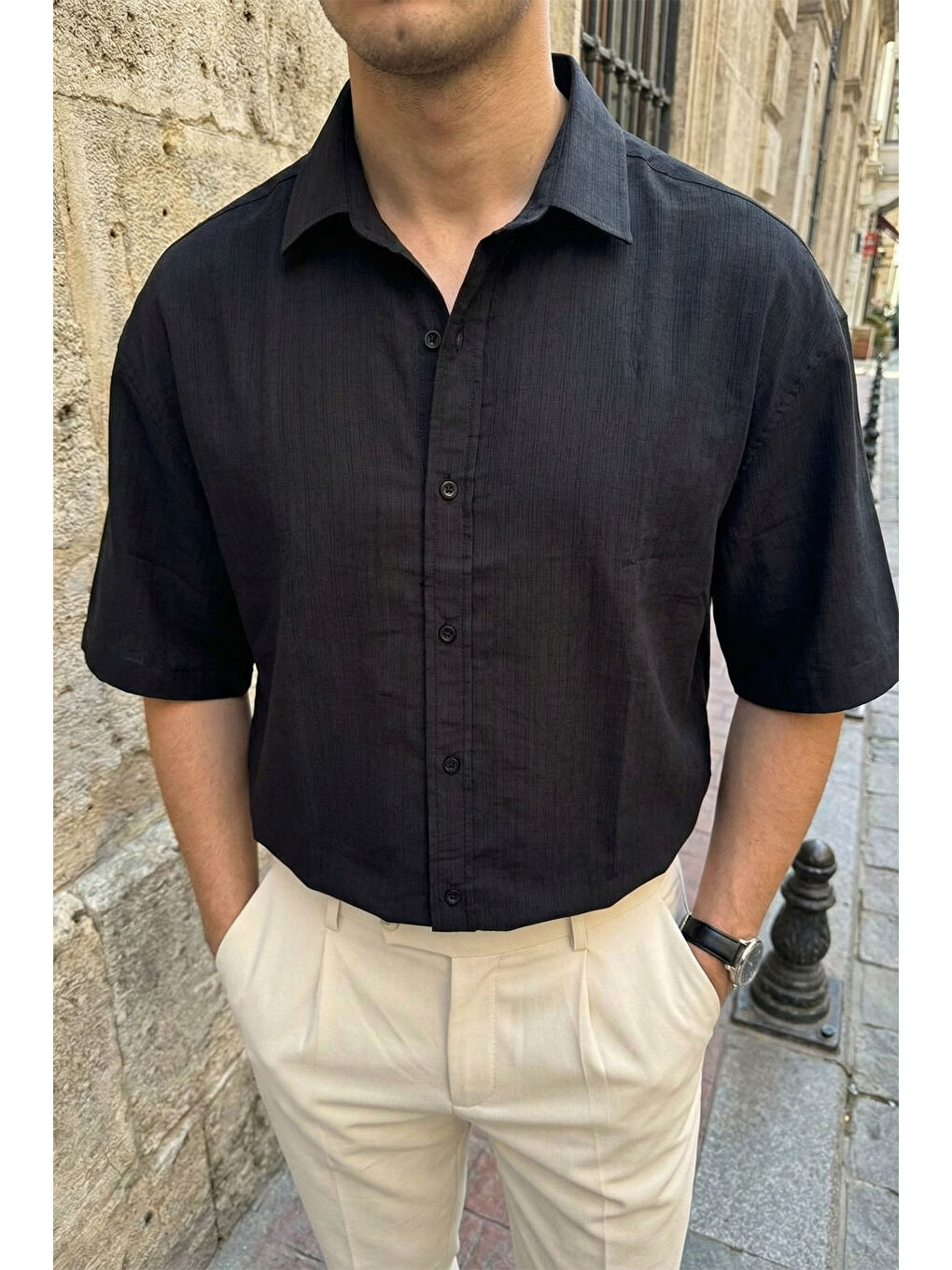 Siyah Saga Yüksek Kalite Modal Erkek Kısa Kol Gömlek Premium Dokulu-5