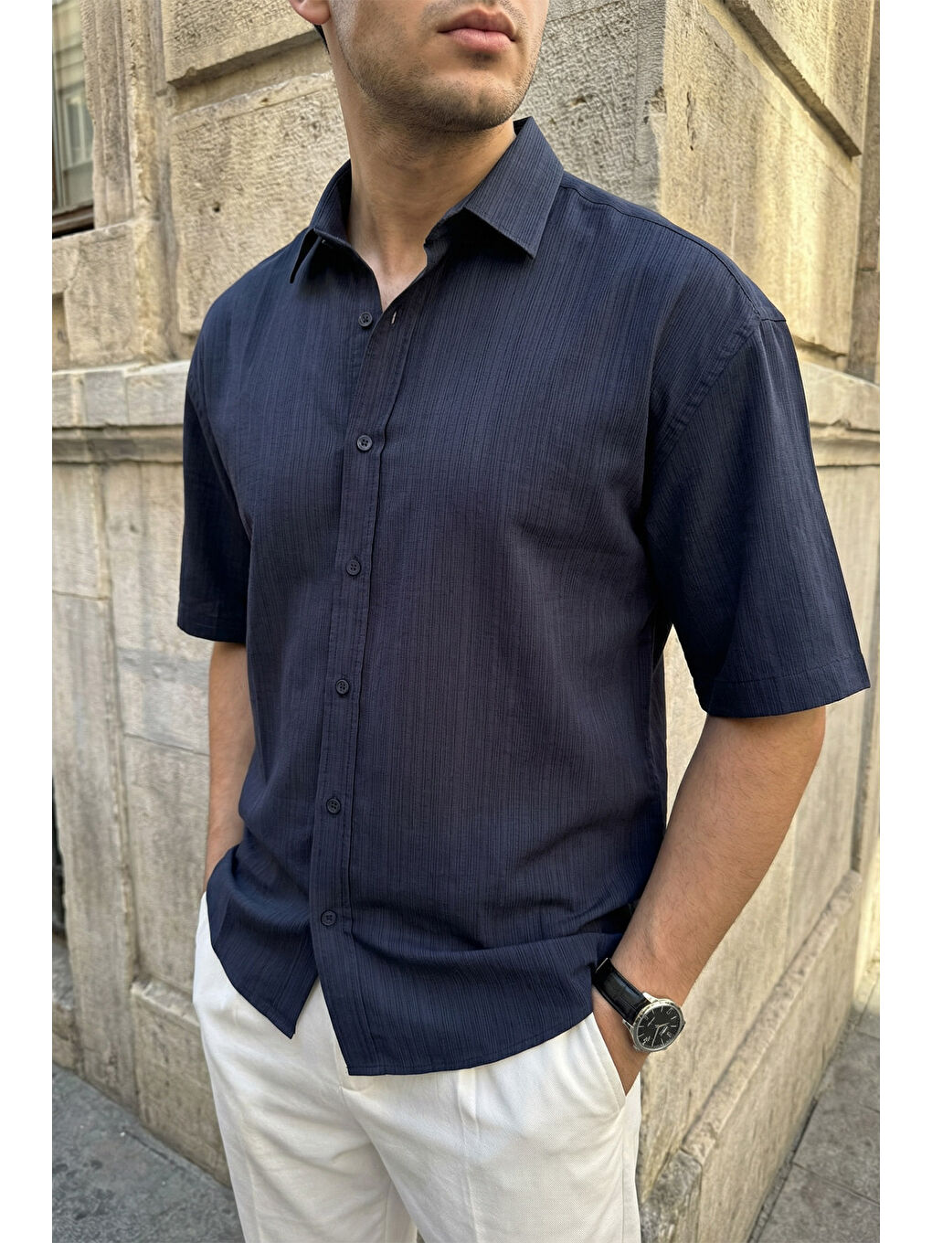 Lacivert Saga Yüksek Kalite Modal Erkek Kısa Kol Gömlek Premium Dokulu-4