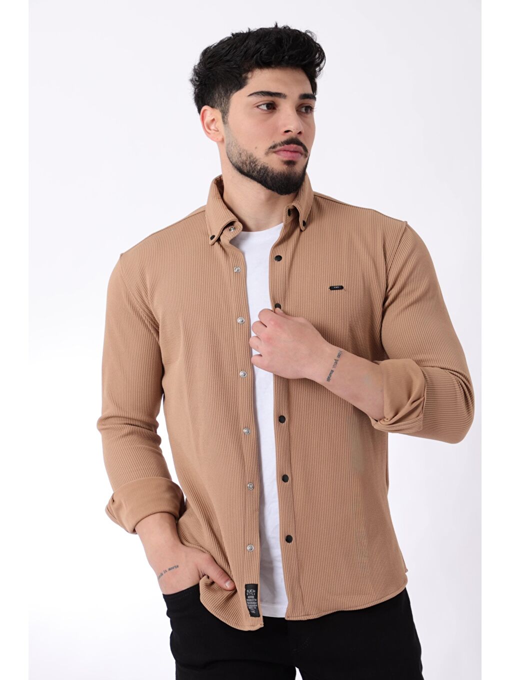 Stilkombin Açık Kahve Düz Slim Fit Örme Gömlek XC U16788_40297