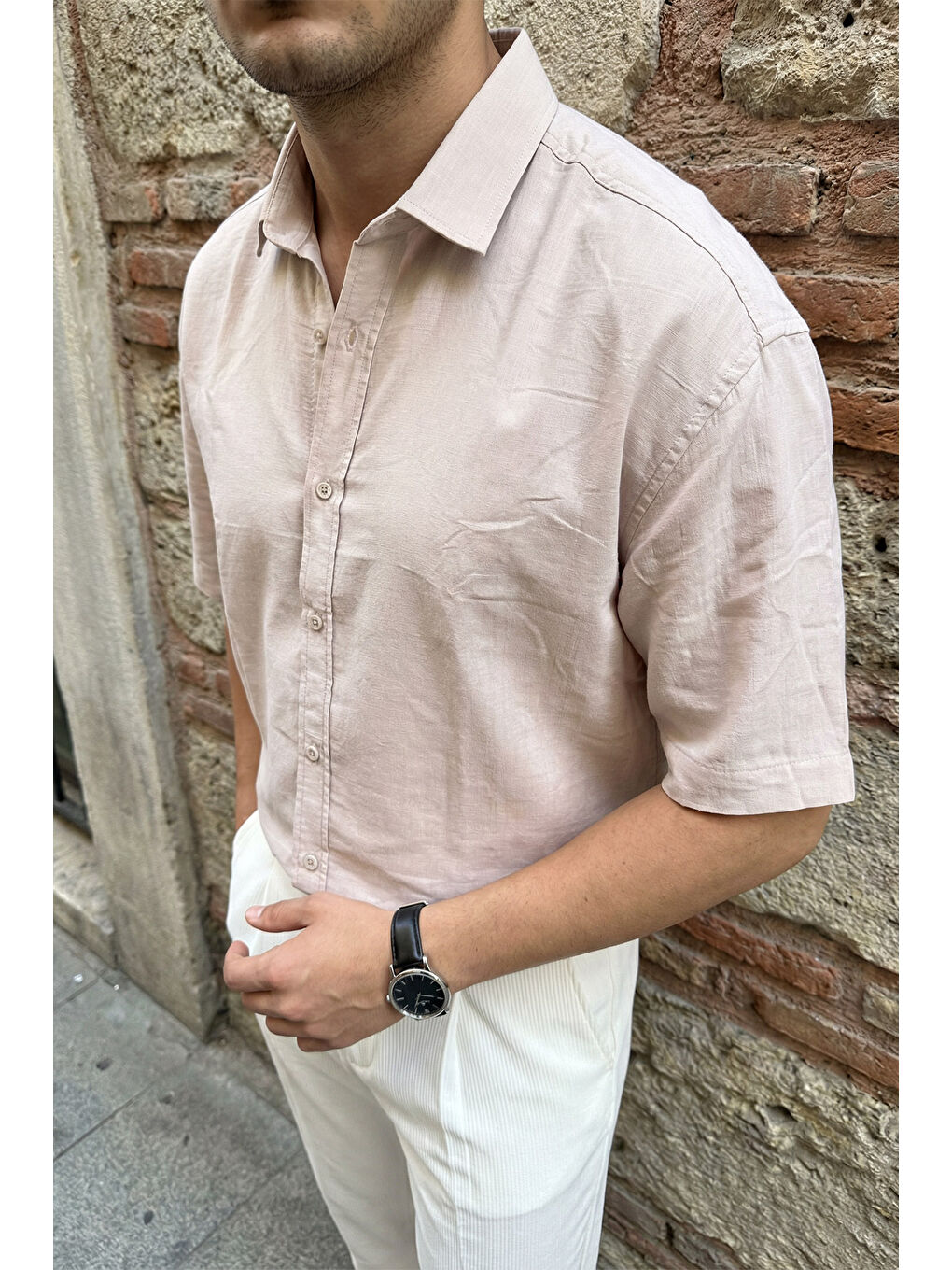 Bej Saga Yüksek Kalite Modal Erkek Kısa Kol Gömlek Premium Dokulu-1