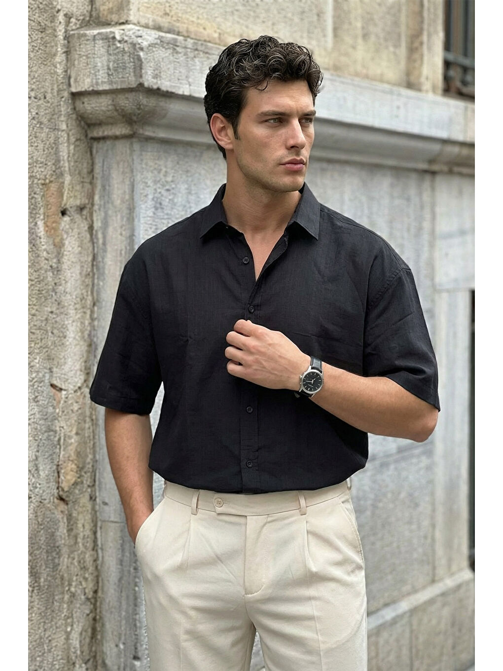 Siyah Saga Yüksek Kalite Modal Erkek Kısa Kol Gömlek Premium Dokulu-6