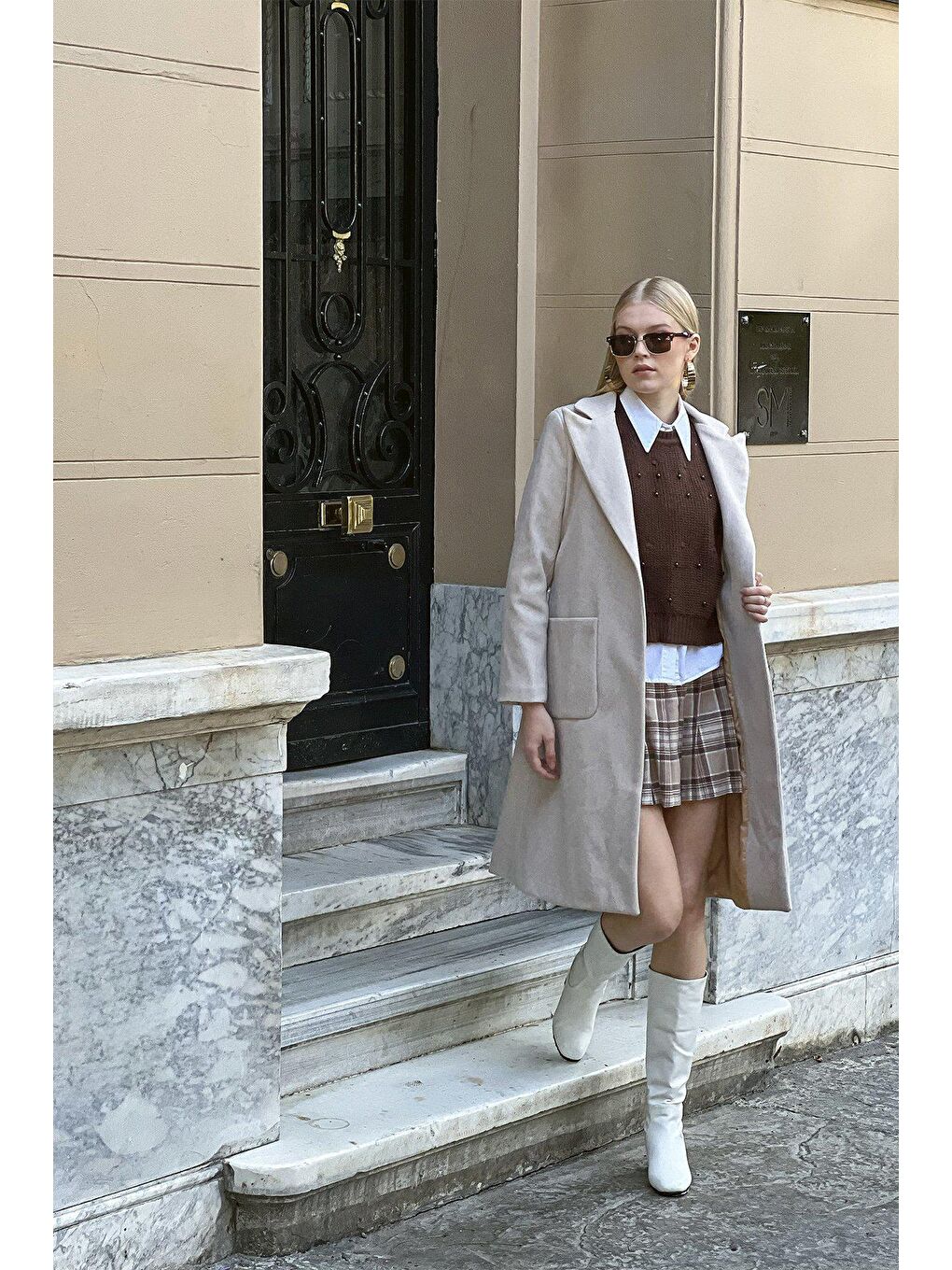 Bej Torba Cepli Kuşaklı Kaşe Kaban