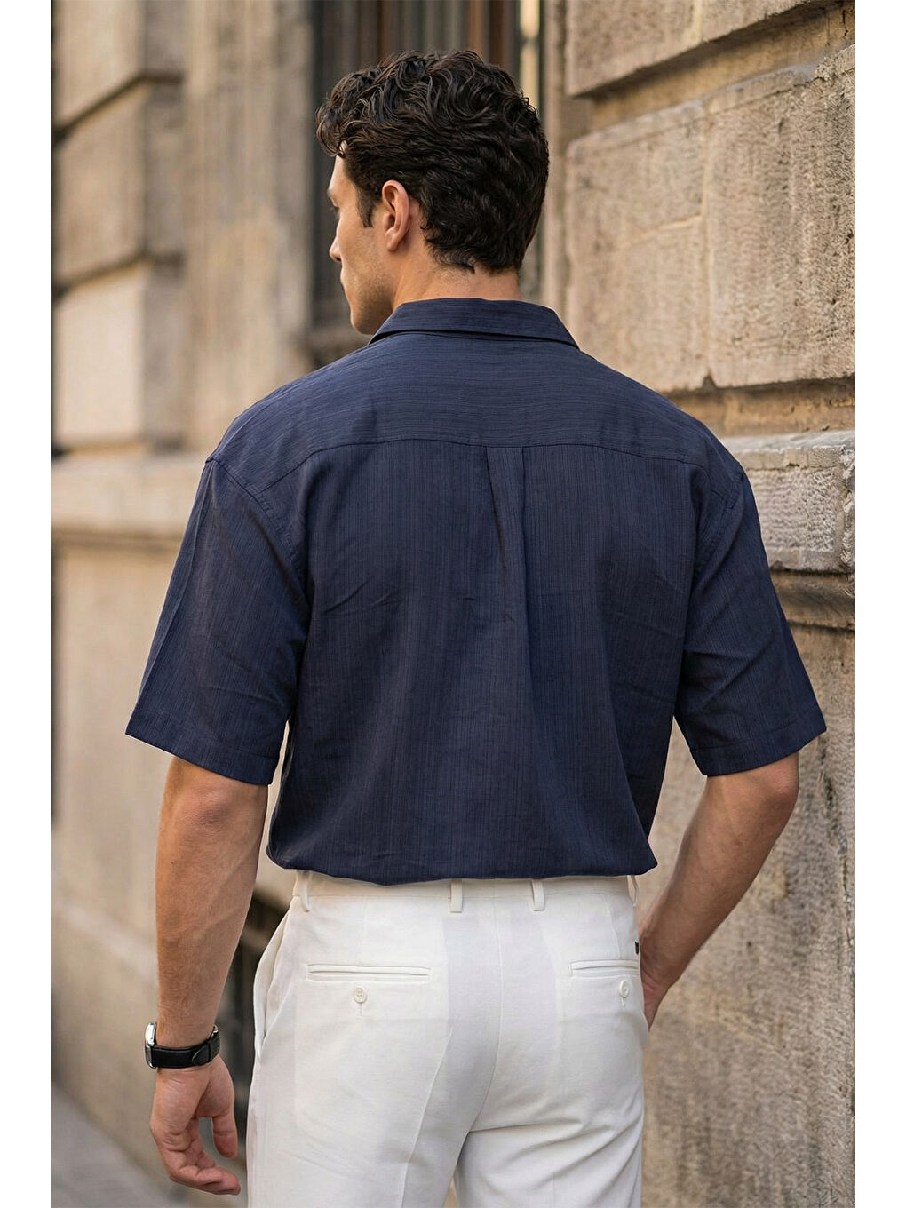 Lacivert Saga Yüksek Kalite Modal Erkek Kısa Kol Gömlek Premium Dokulu-5