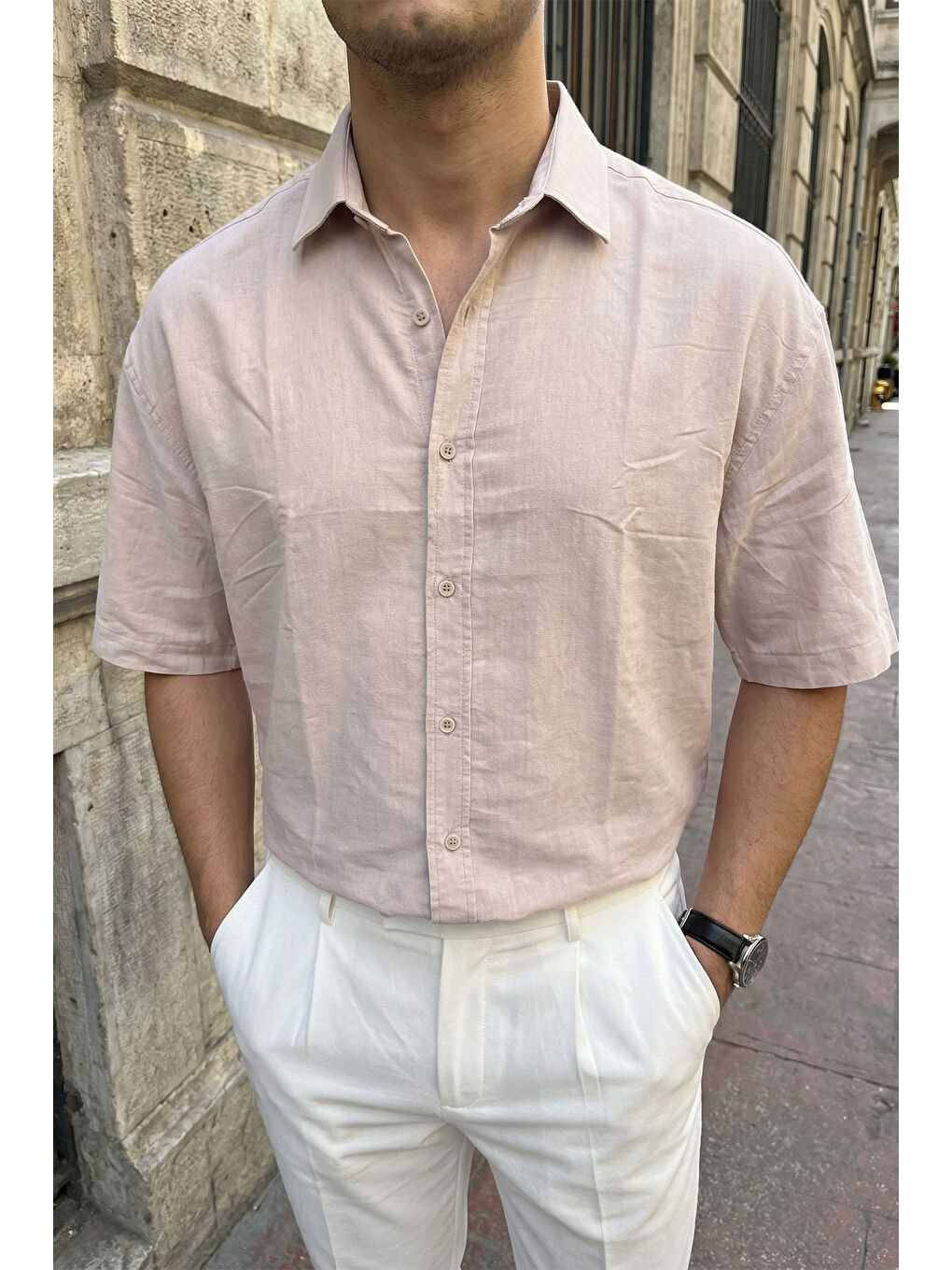 Bej Saga Yüksek Kalite Modal Erkek Kısa Kol Gömlek Premium Dokulu-2
