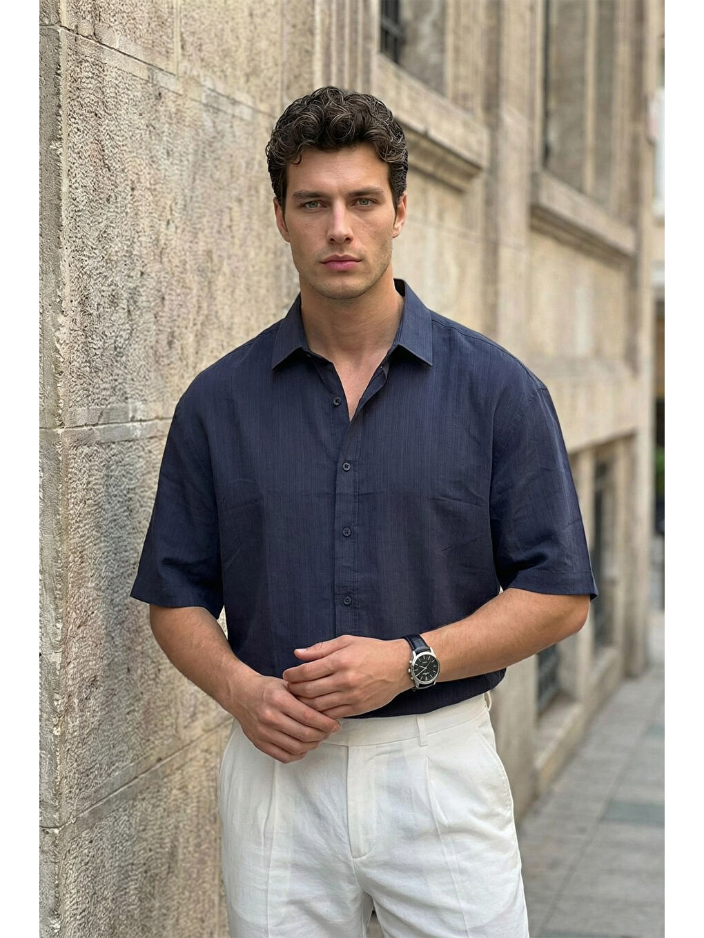 Lacivert Saga Yüksek Kalite Modal Erkek Kısa Kol Gömlek Premium Dokulu-6