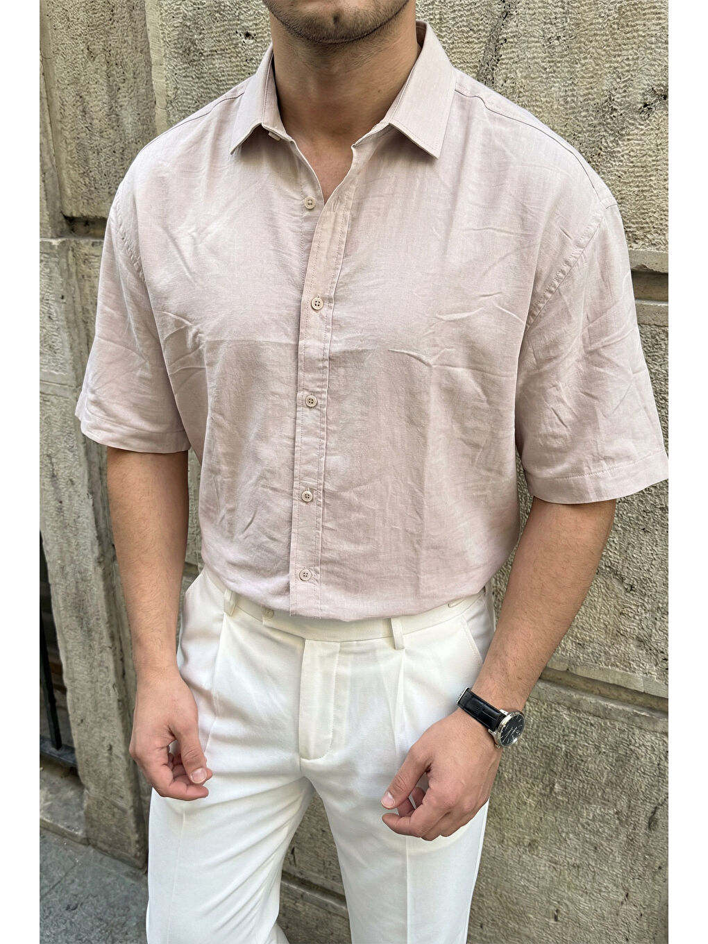 Bej Saga Yüksek Kalite Modal Erkek Kısa Kol Gömlek Premium Dokulu-3