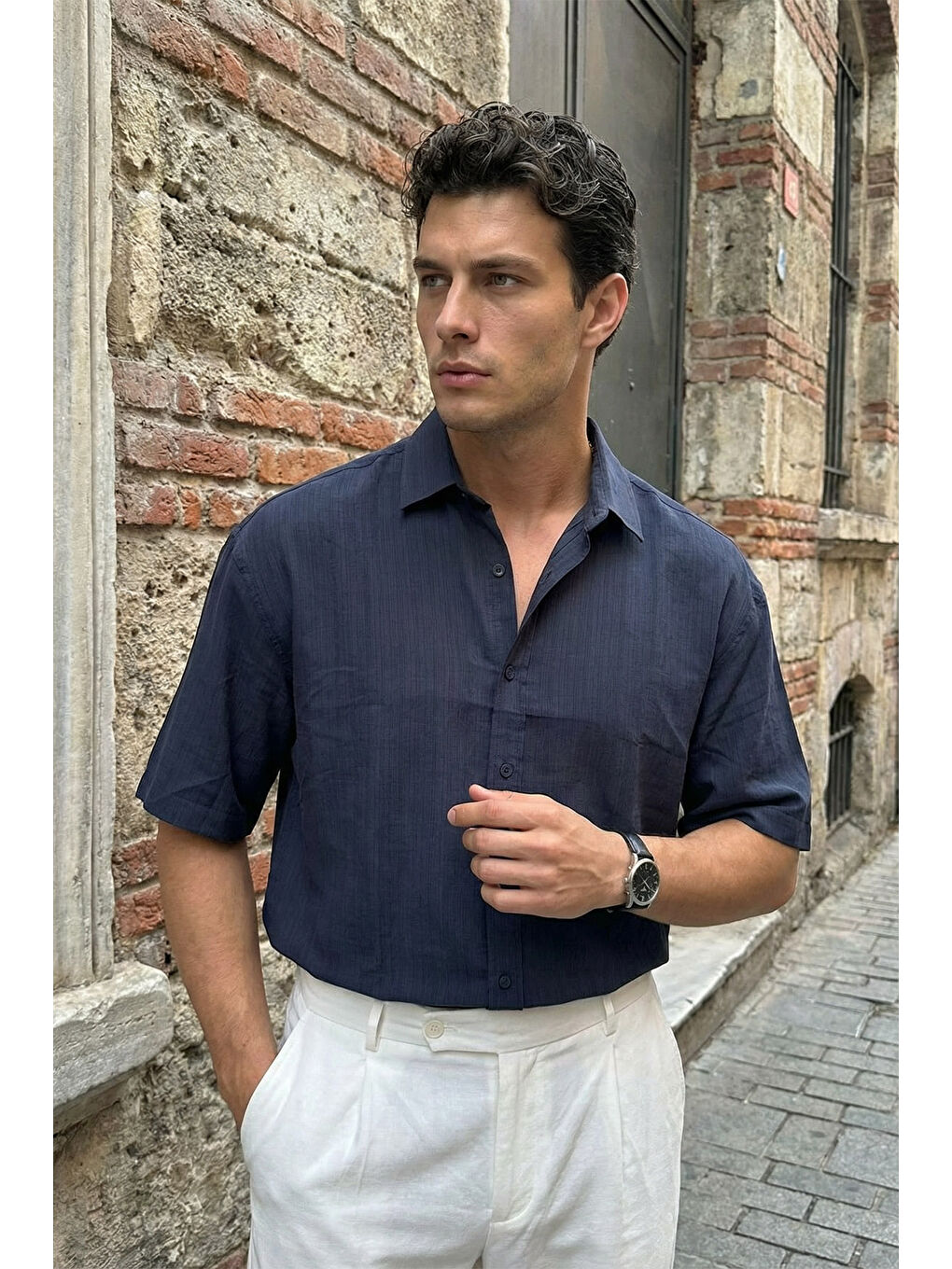 Lacivert Saga Yüksek Kalite Modal Erkek Kısa Kol Gömlek Premium Dokulu-7