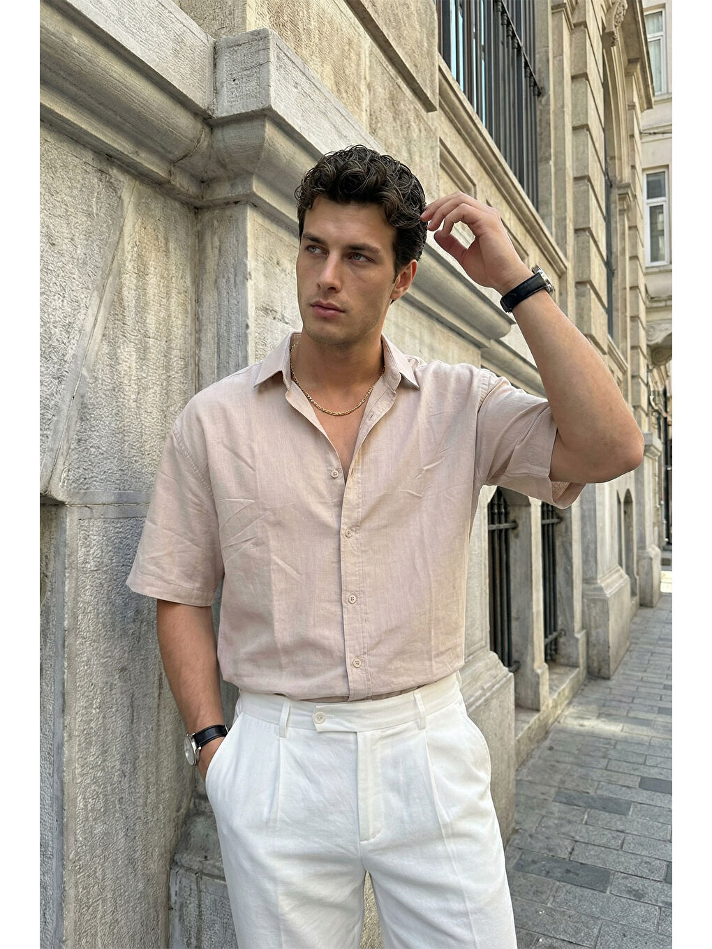 Bej Saga Yüksek Kalite Modal Erkek Kısa Kol Gömlek Premium Dokulu-4