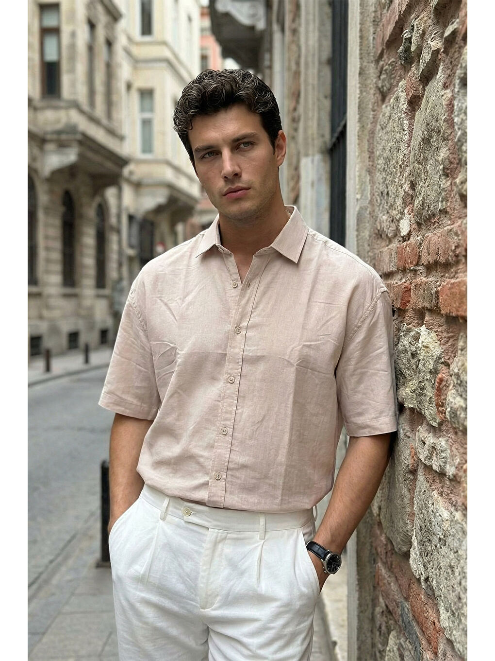 Bej Saga Yüksek Kalite Modal Erkek Kısa Kol Gömlek Premium Dokulu-5