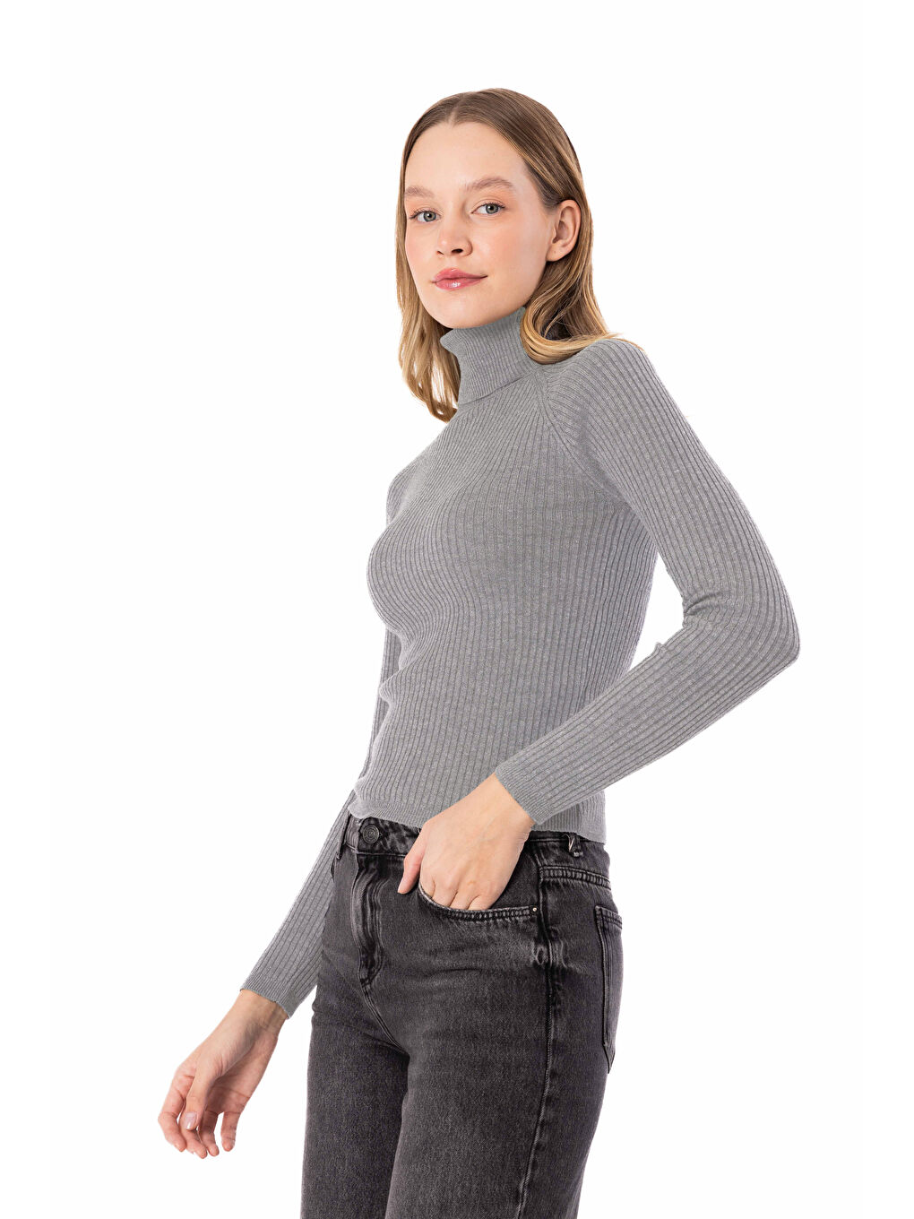 Boğazlı Yaka Düz Triko Kazak - Gri Renk