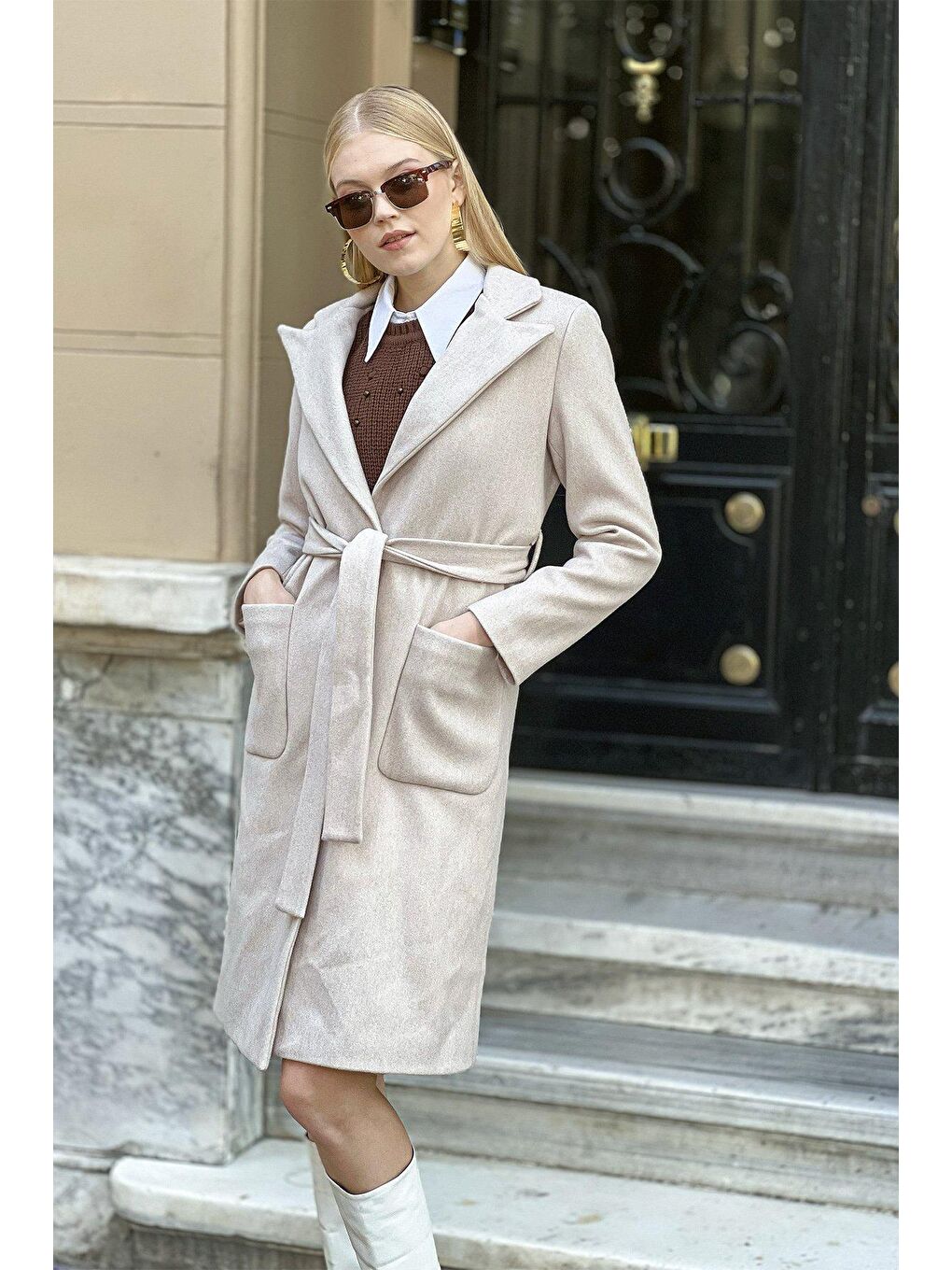 Bej Torba Cepli Kuşaklı Kaşe Kaban-1